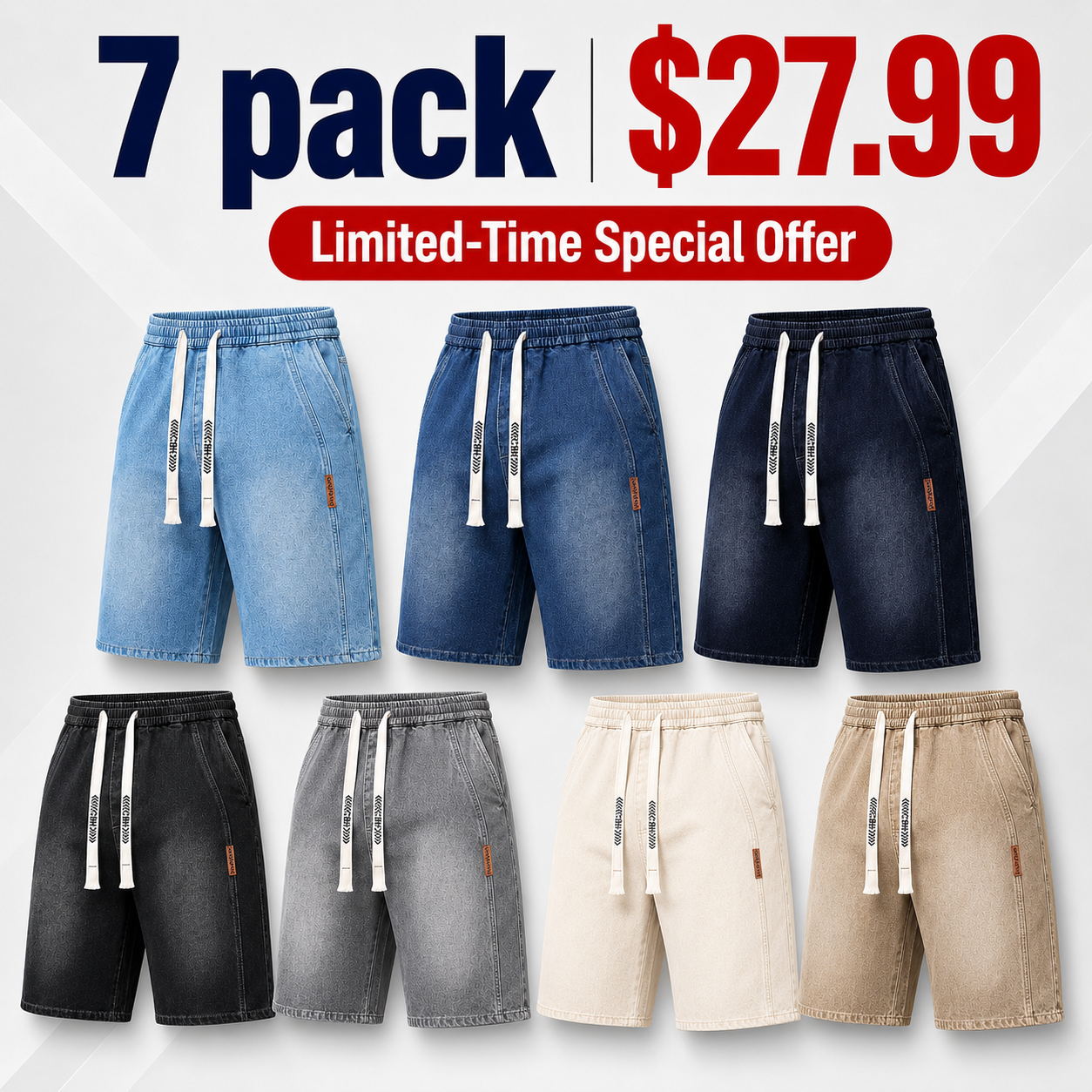 Men’s summer lightweight denim shorts — trendy short men’s pants, loose stretch mid-thigh denim shorts, classic street cotton everyday wear for men, elastic waistband drawstring denim shorts