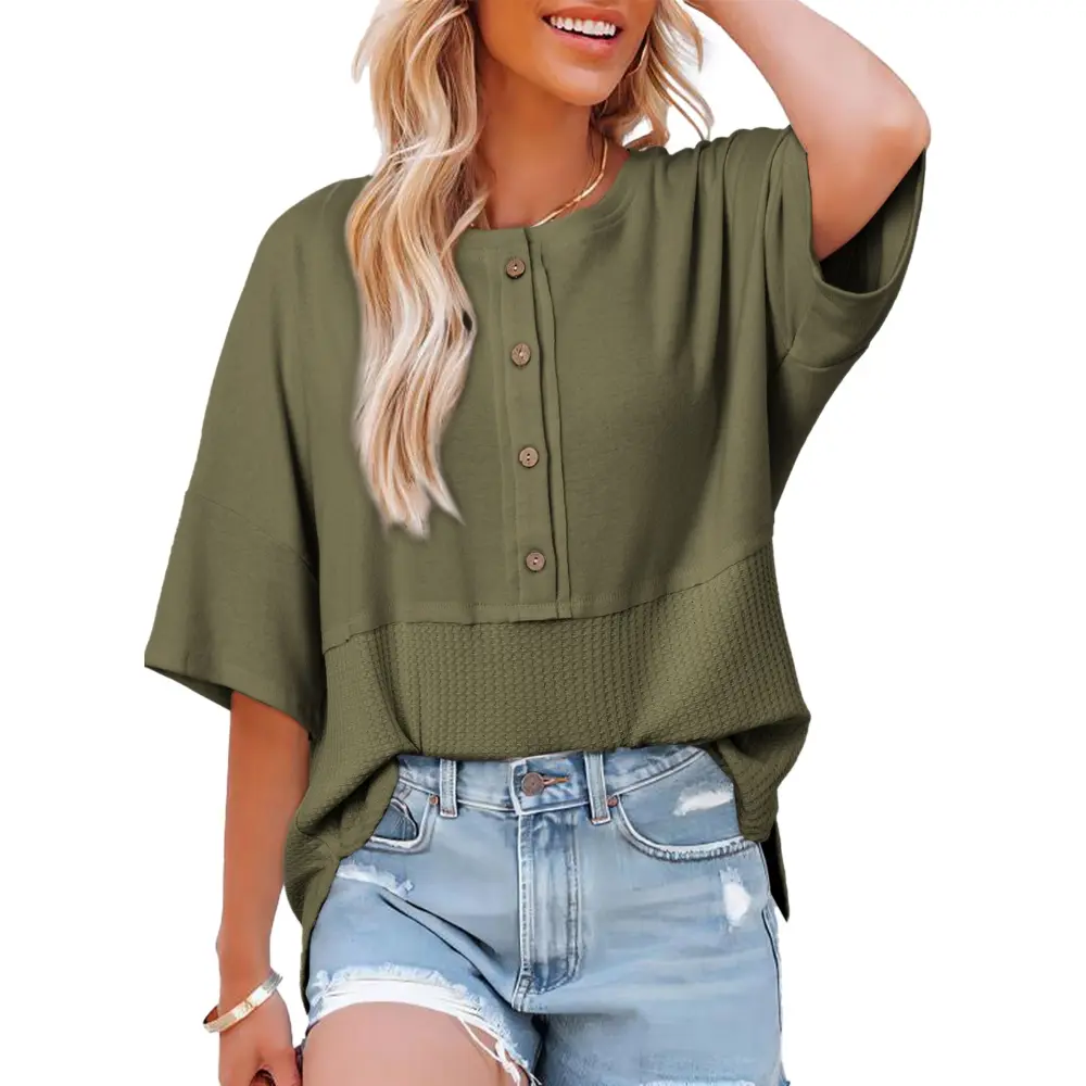 Womens Waffle Knit Tops 3/4 Sleeve Casual Button Down Shirts Crew Neck Oversized Patchwork Blouses