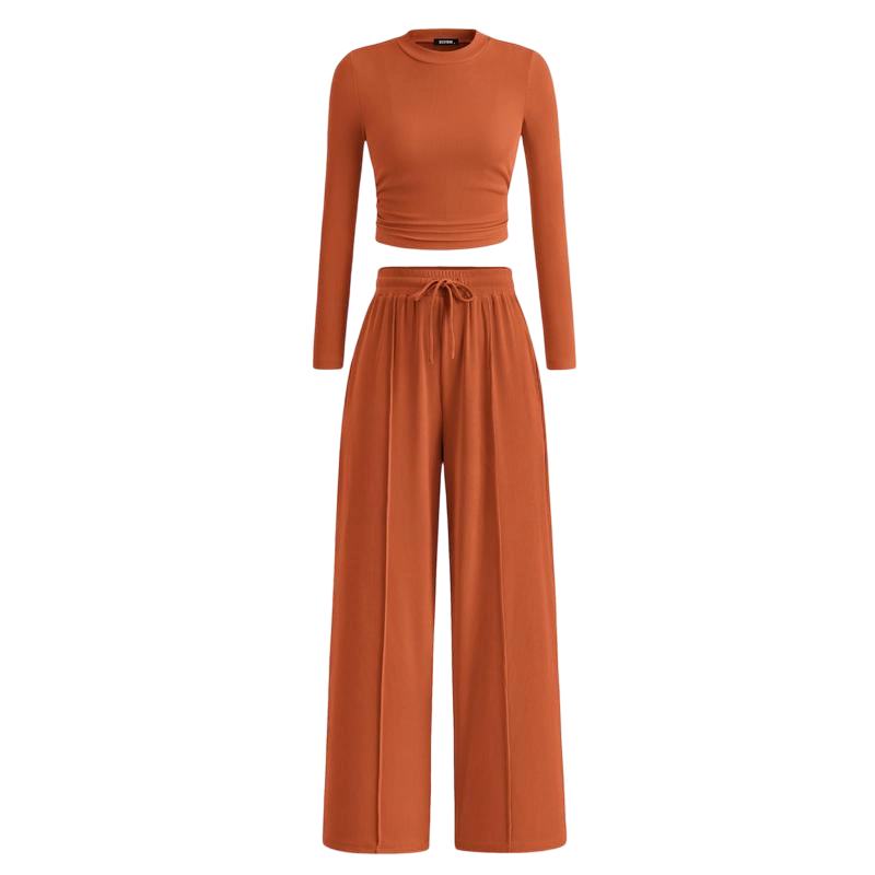 Women's Fall 2-Piece Set – Ribbed Knit Long Sleeve Crop Top & Wide-Leg Pants