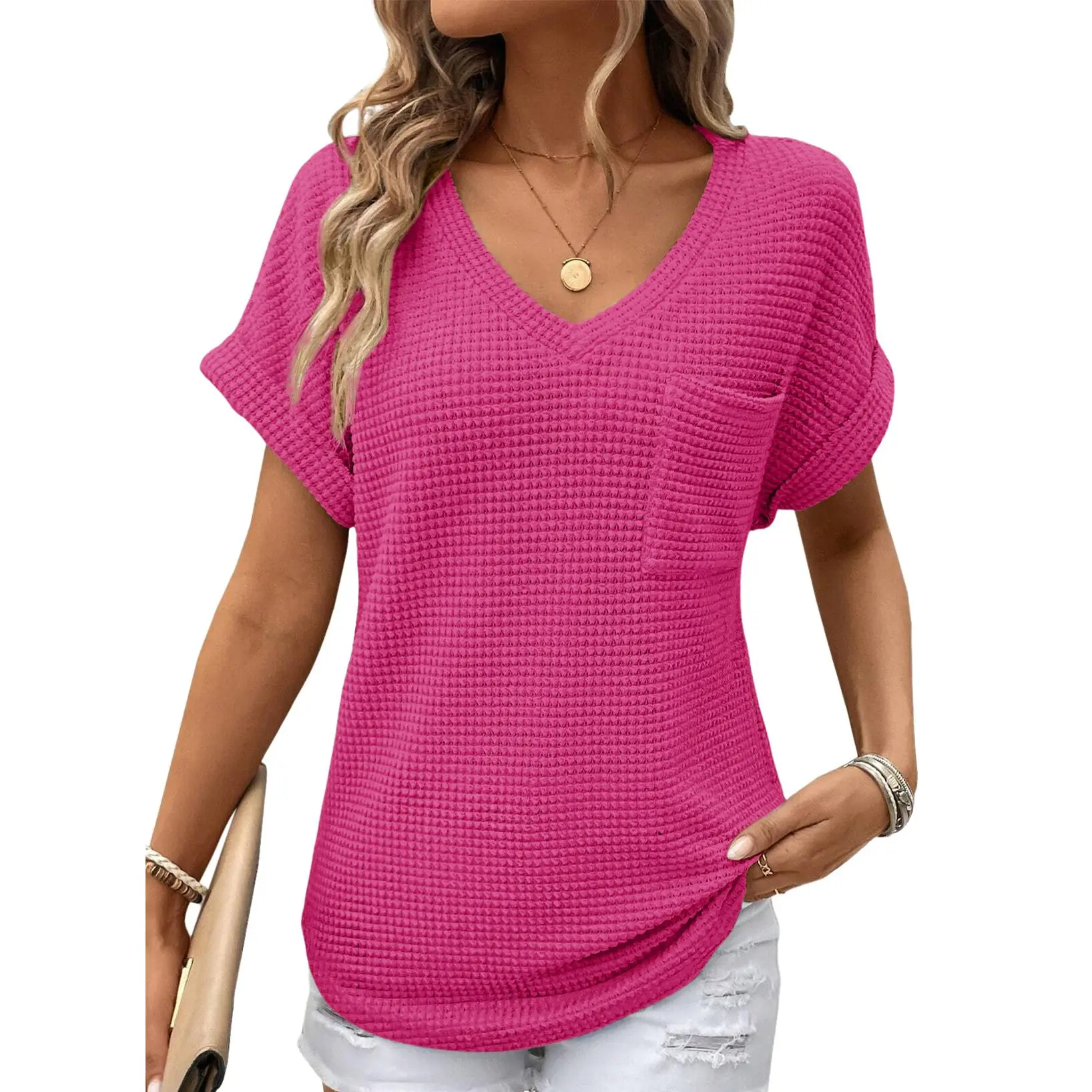Women's Waffle Knit V-Neck Casual Summer Tops - Lightweight & Breathable Basic Tee for Beach, Party, Work