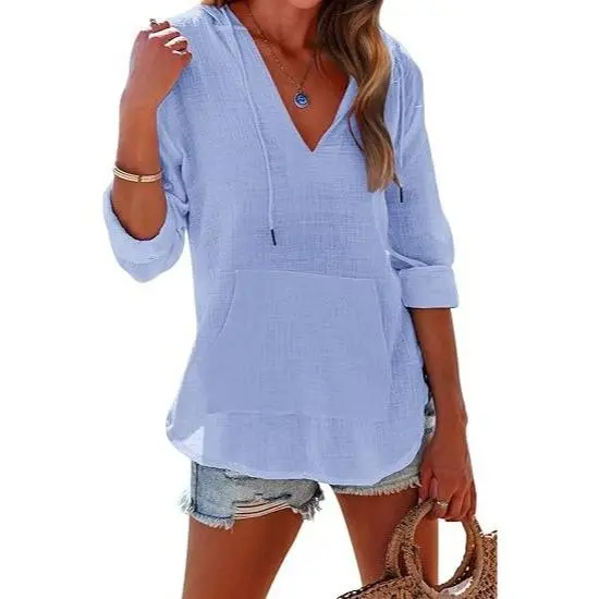 Women's Beach Cover Up hoodies sweatshirt Long Sleeve V-Neck Pocketed Hooded Shirt Top Casual Womenswear