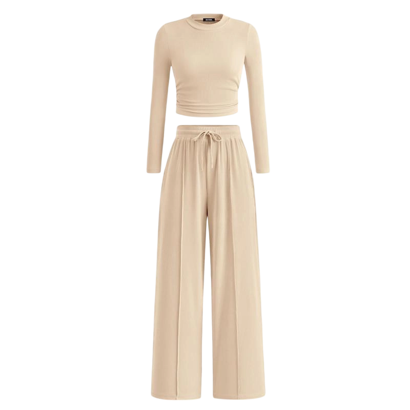 Women's Fall 2-Piece Set – Ribbed Knit Long Sleeve Crop Top & Wide-Leg Pants