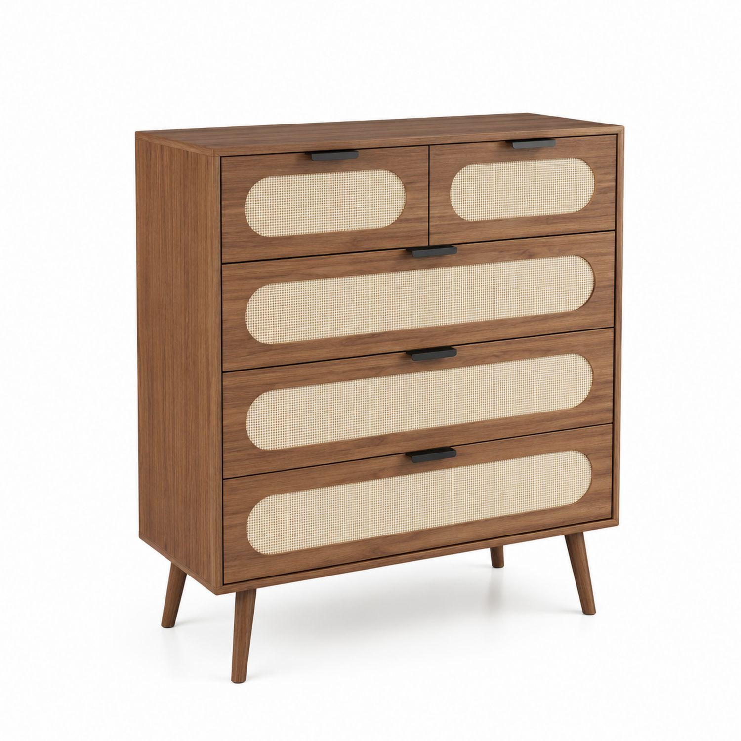 Cómoda de 5 cajones de madera y ratán