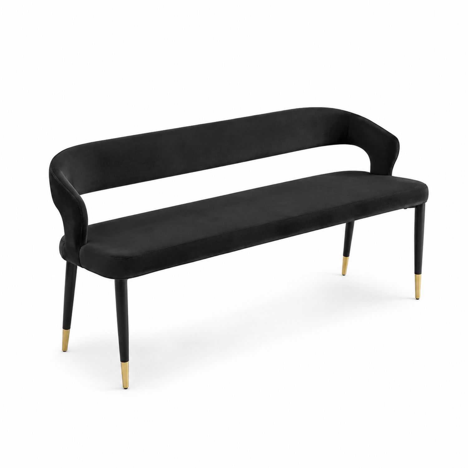 Banco de terciopelo negro con patas de metal y detalles dorados