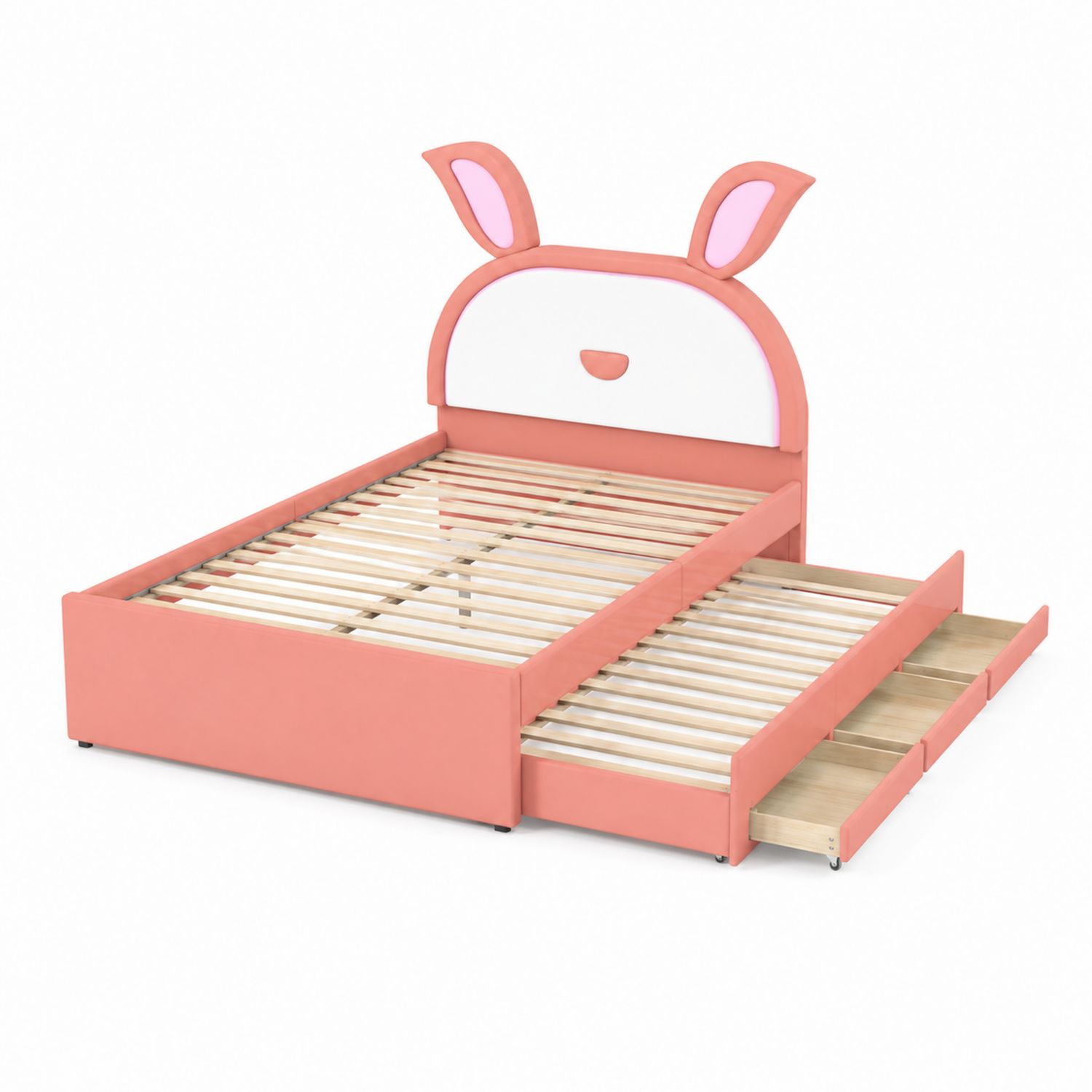 Cama infantil de madera con cajones y cabecero decorativo en forma de animal