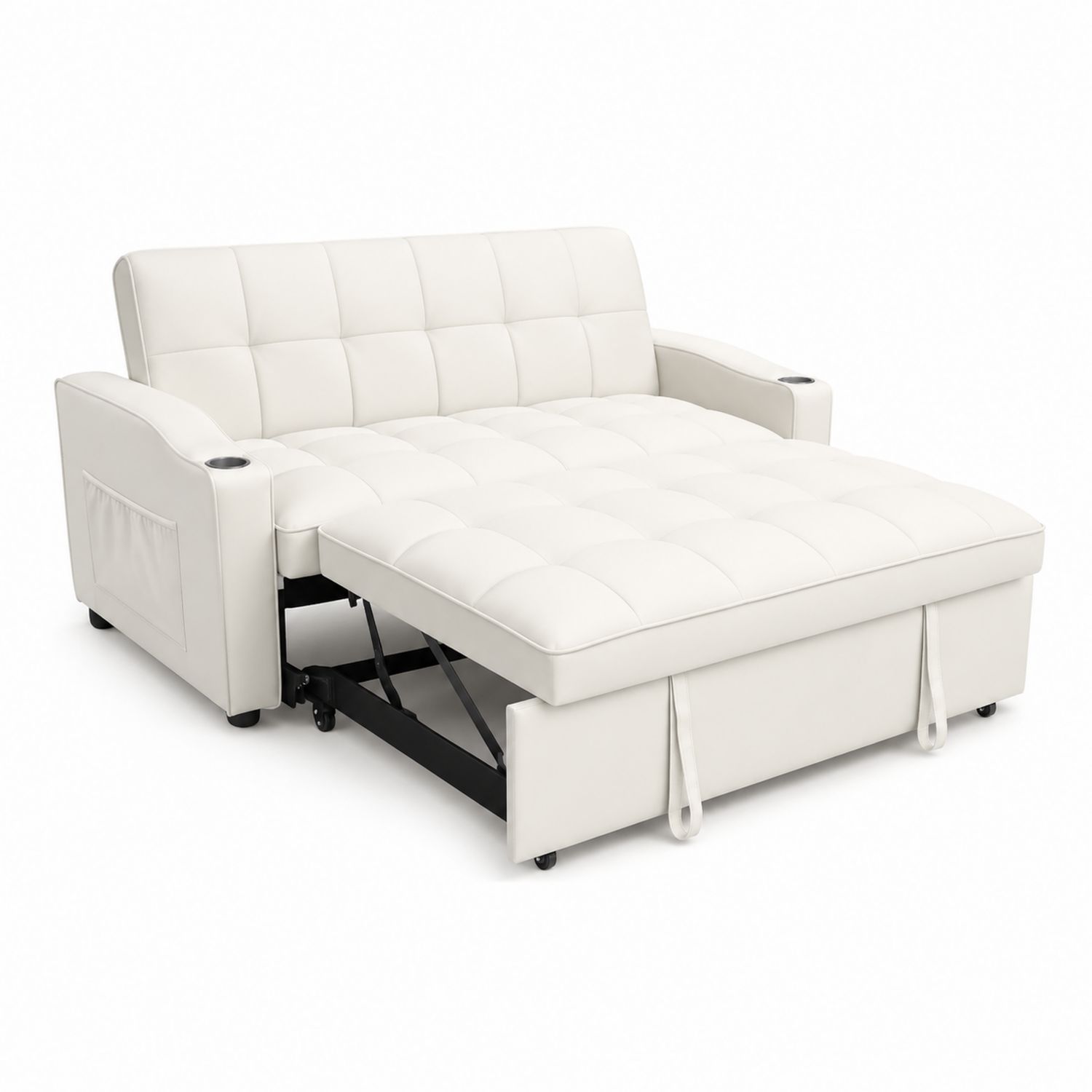 Sofá cama de cuero sintético blanco con estructura de metal
