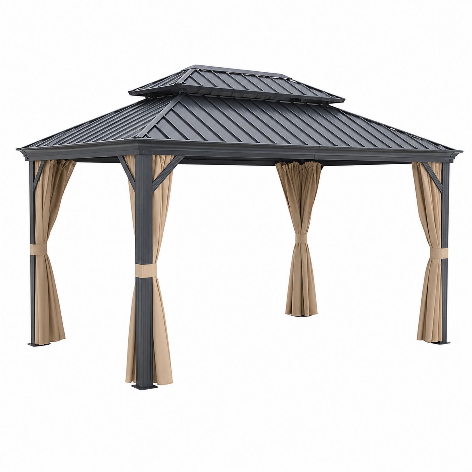Gazebo de Aluminio con Techo de Metal y Cortinas Beige 300x400 cm
