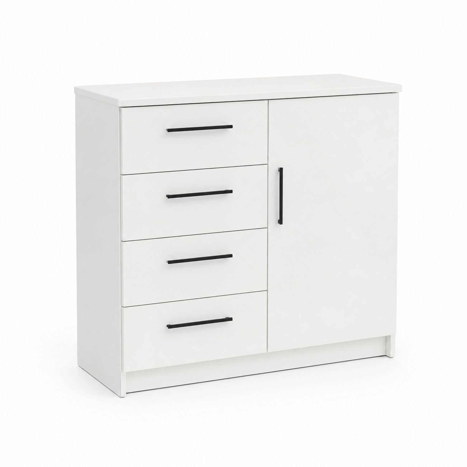 Cómoda blanca con puerta y 4 cajones de MDF y metal