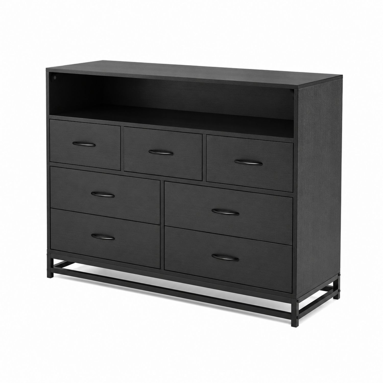 Cómoda de Madera y Metal con 7 Cajones y Estante Abierto Negro