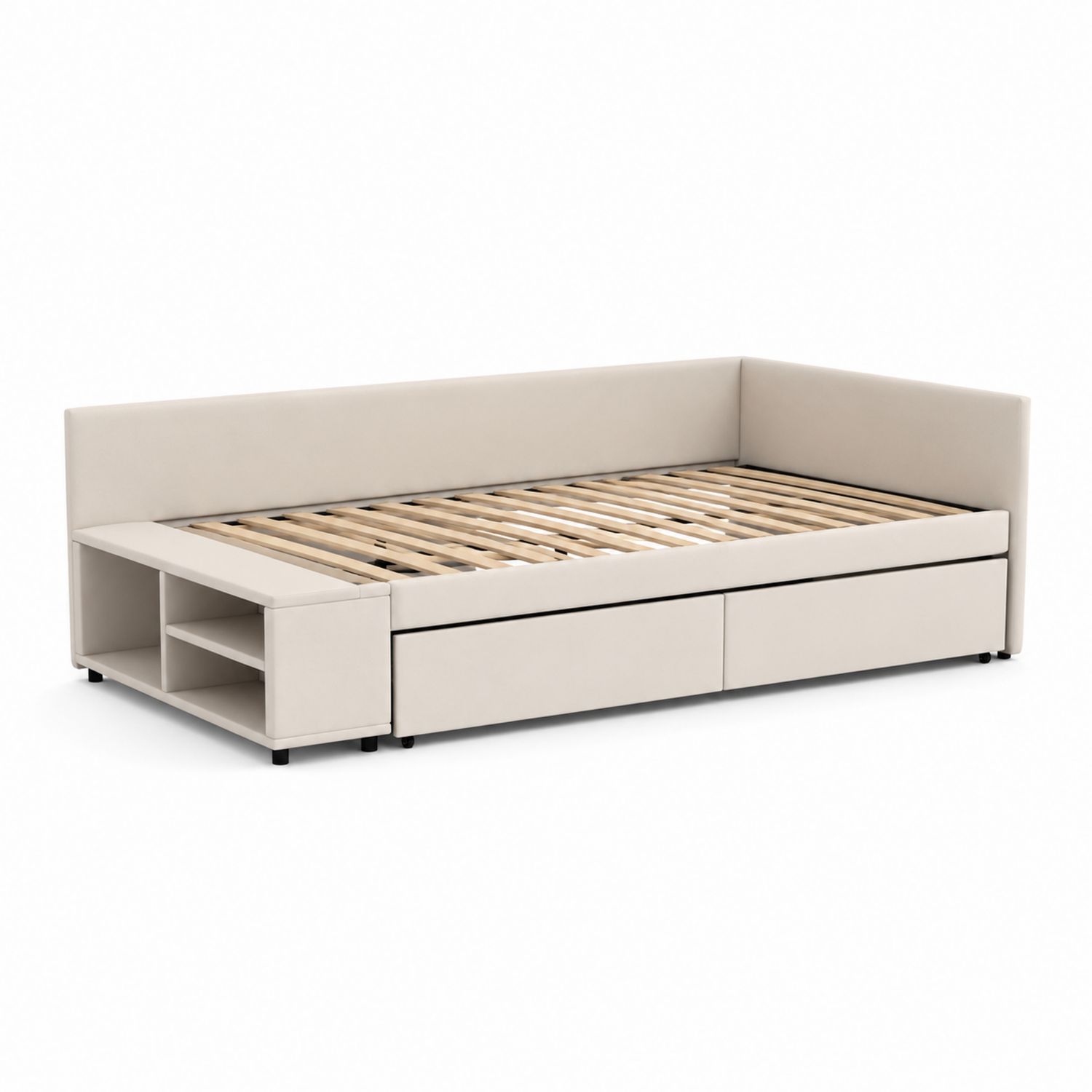 Cama individual con almacenamiento y tapizado en tela beige