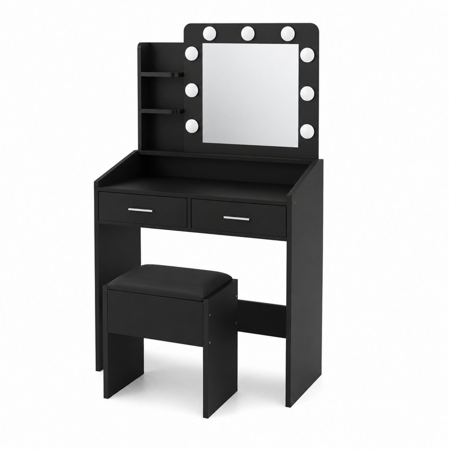 Tocador de MDF negro con espejo LED y taburete