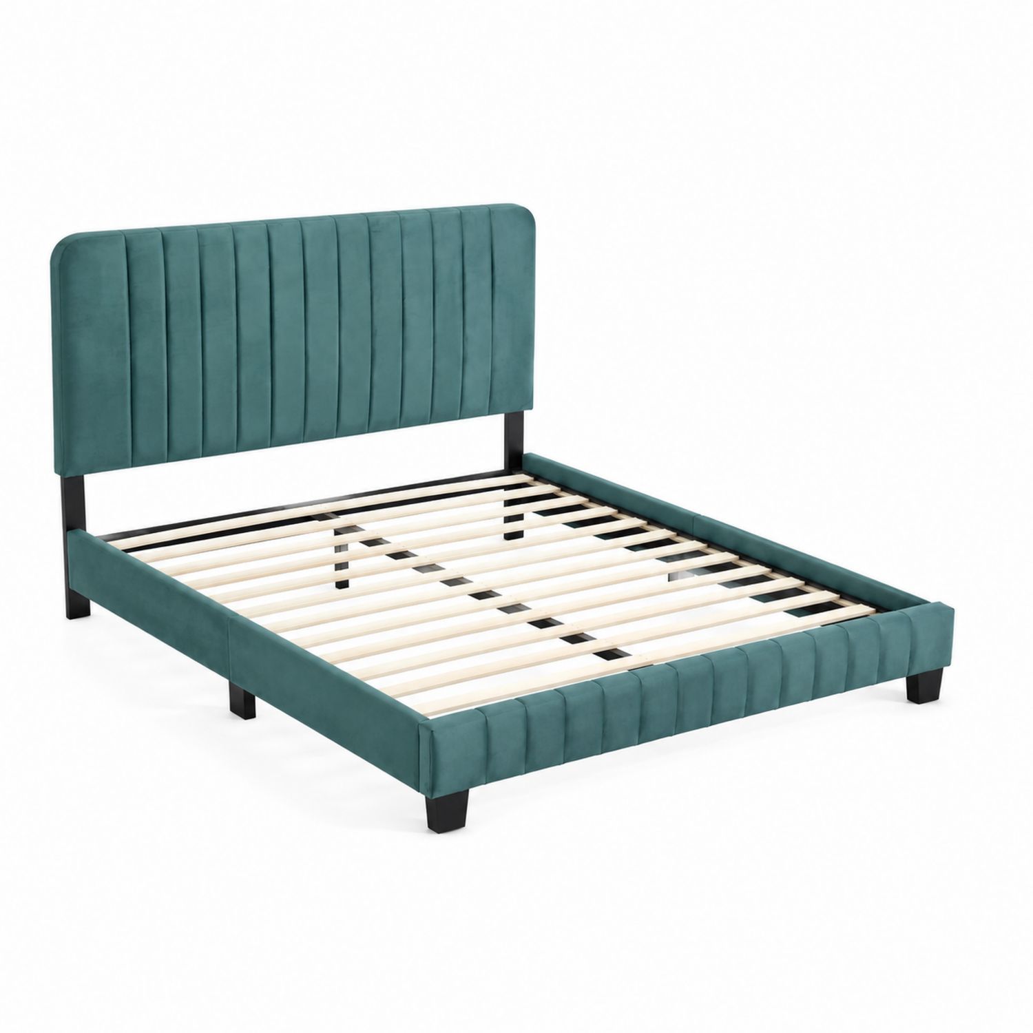 Cama de matrimonio de terciopelo con cabecero estriado Verde