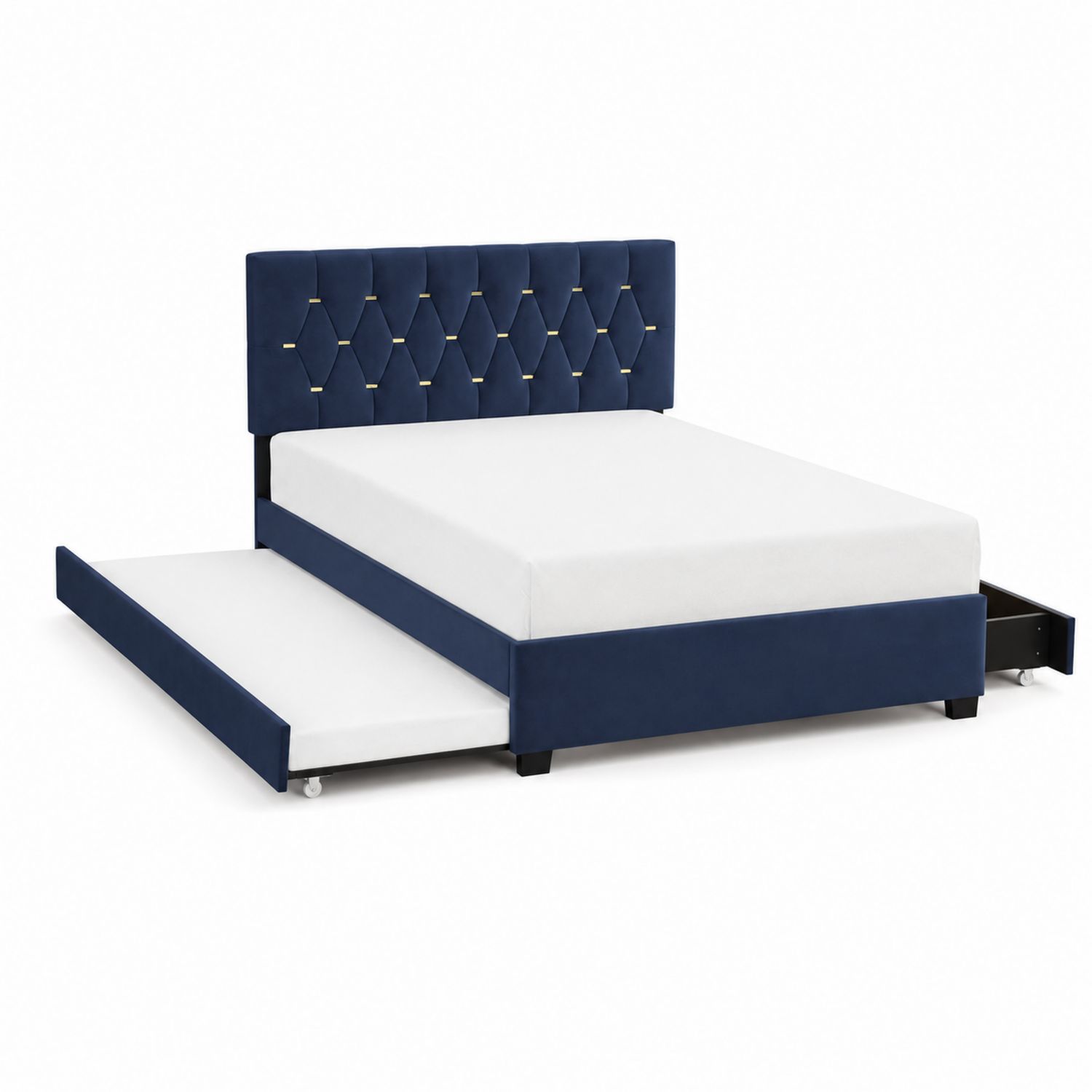 Cama doble con cabecero acolchado y cajón de almacenamiento de terciopelo azul