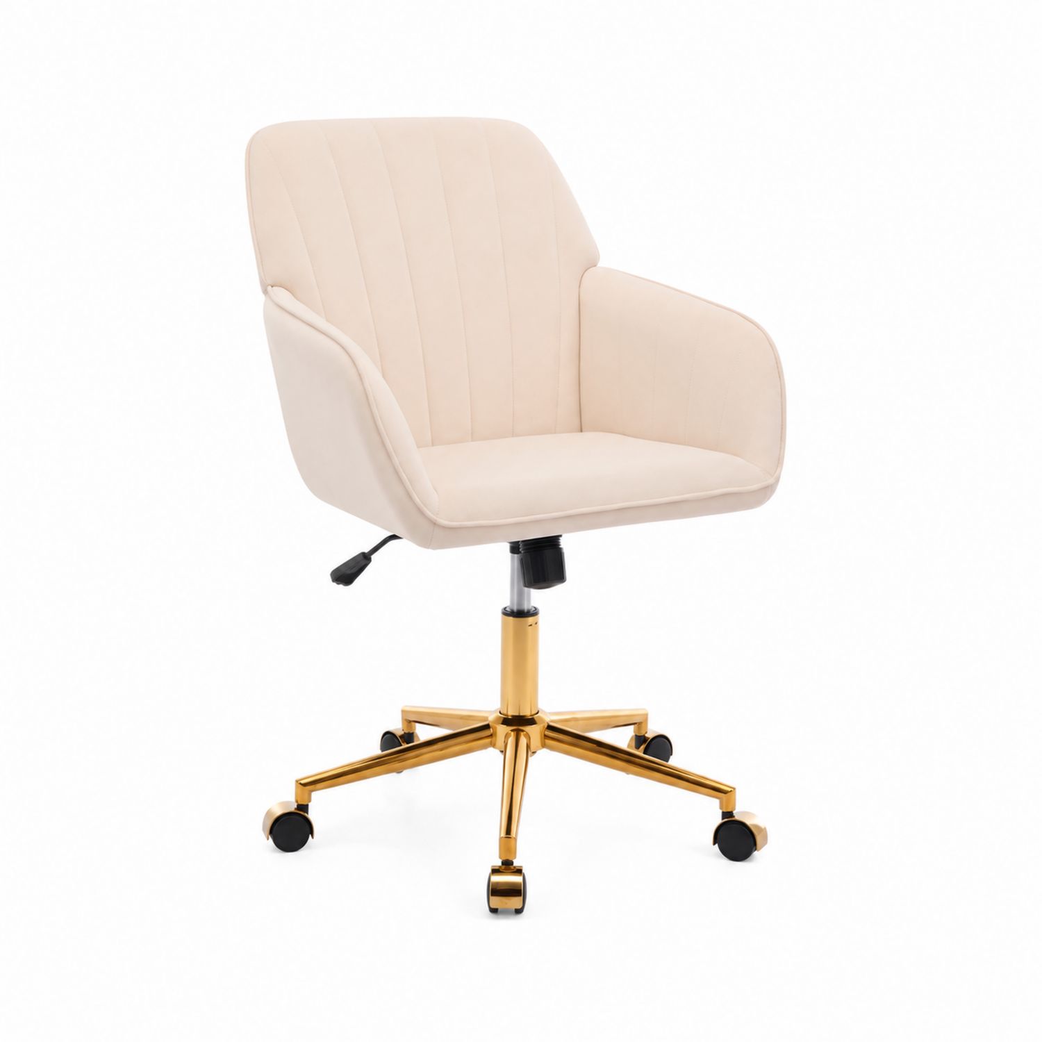 Silla de oficina giratoria de terciopelo beige con base metálica dorada