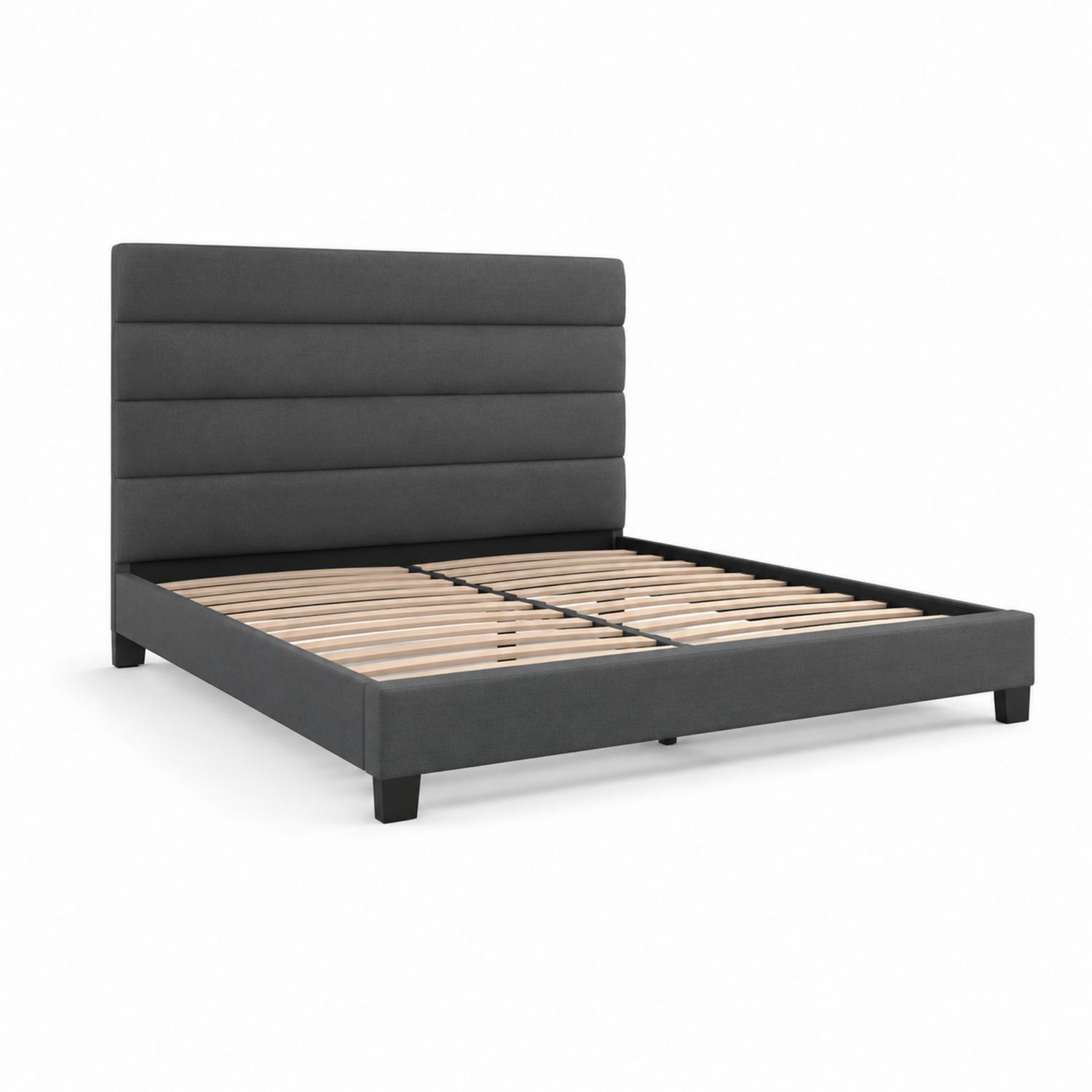 Letto matrimoniale in tessuto grigio con doghe in legno