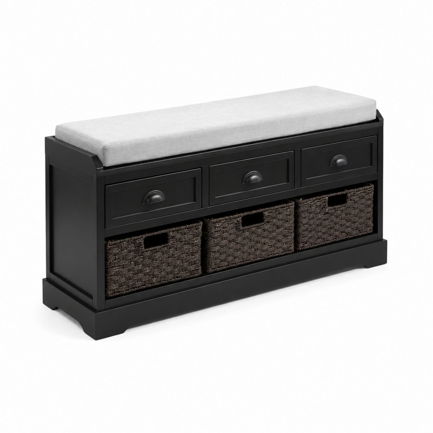 Panca legno con cuscino e cestini rattan Nero/Grigio