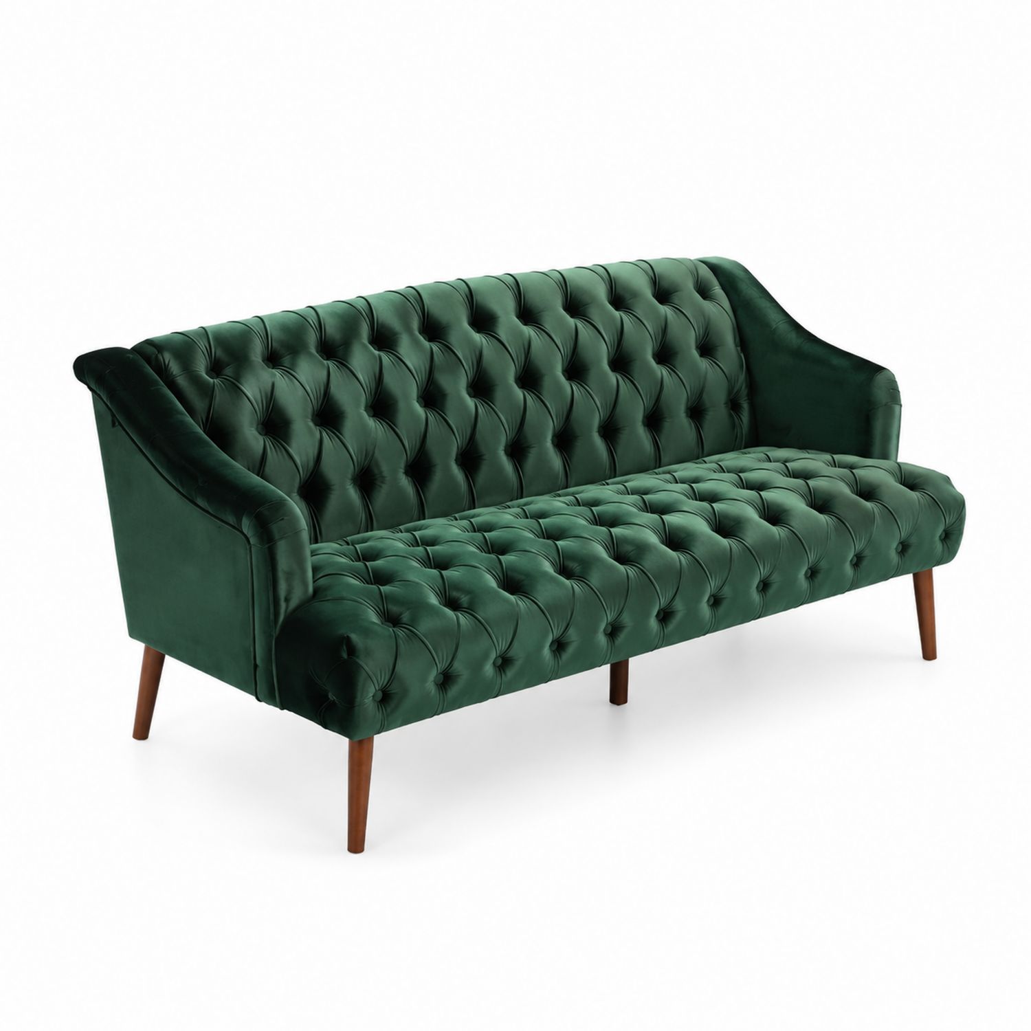 Divano in velluto verde con gambe in legno
