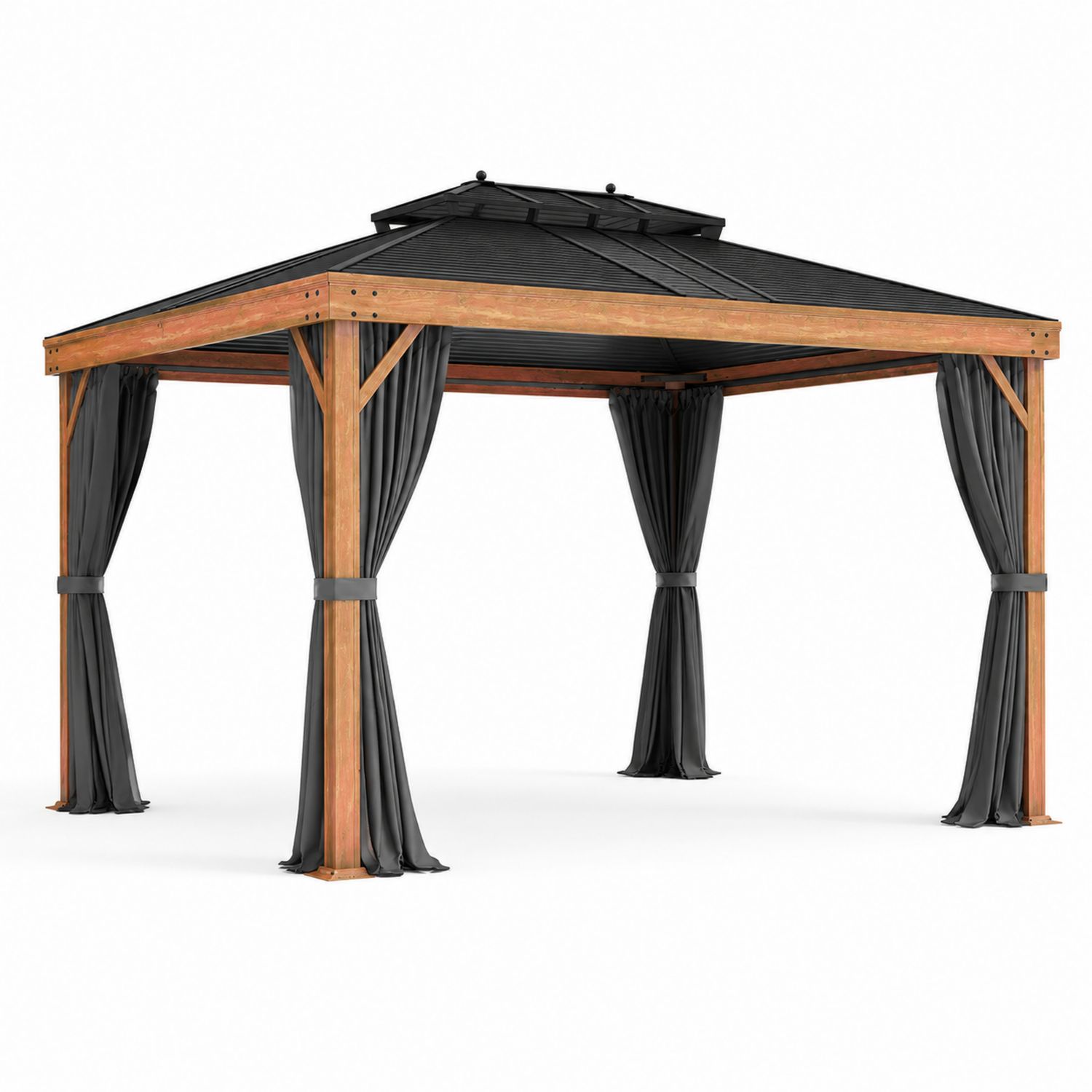 Gazebo rettangolare legno e acciaio con tende in poliestere
