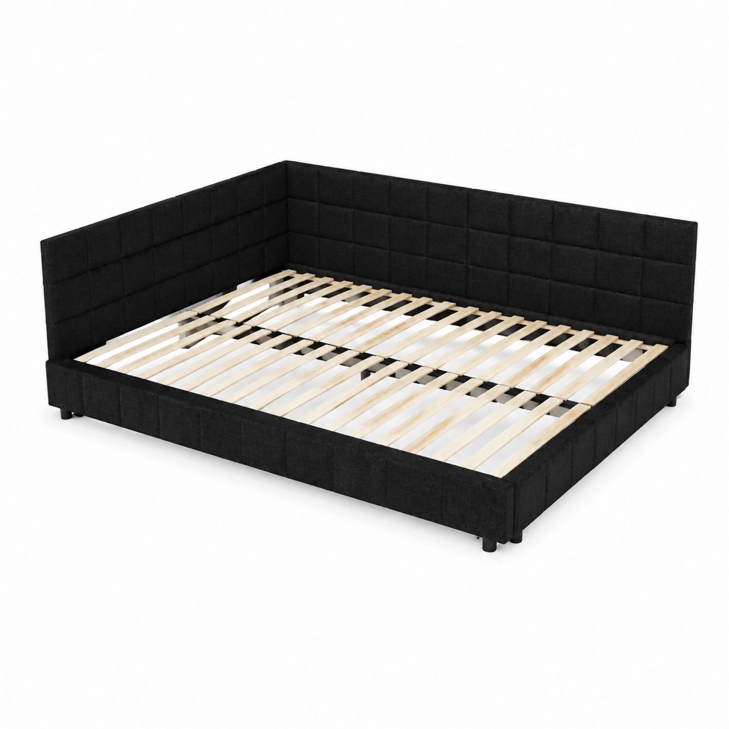 Letto matrimoniale angolare con rivestimento in tessuto e doghe in legno 160x200 cm