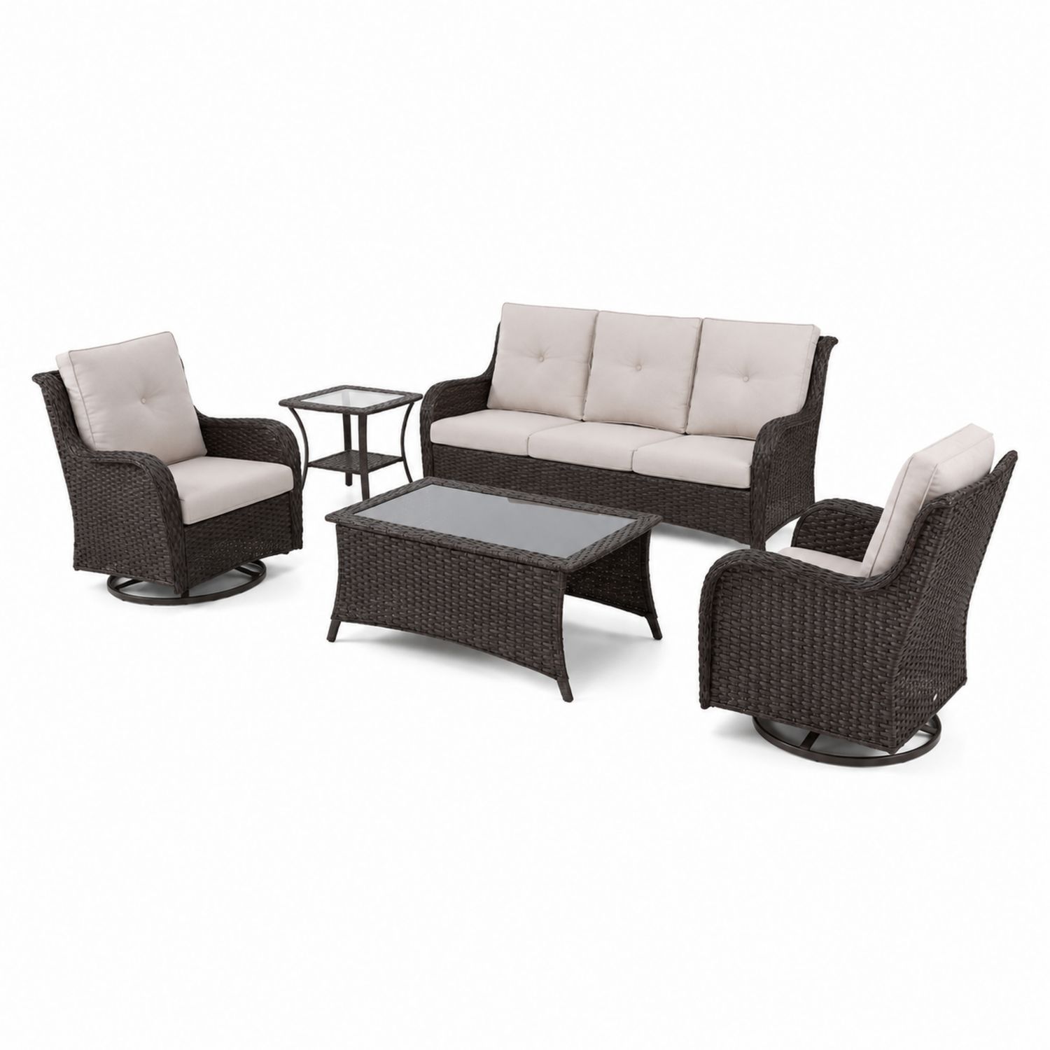 Set Divano da Esterno in Rattan Sintetico con Cuscini Beige e Tavoli in Vetro Temperato