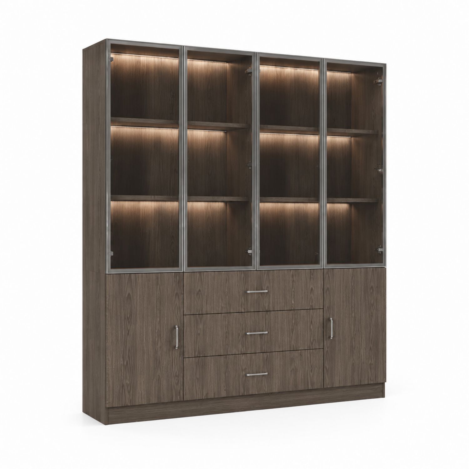 Libreria in legno con ante in vetro e illuminazione LED