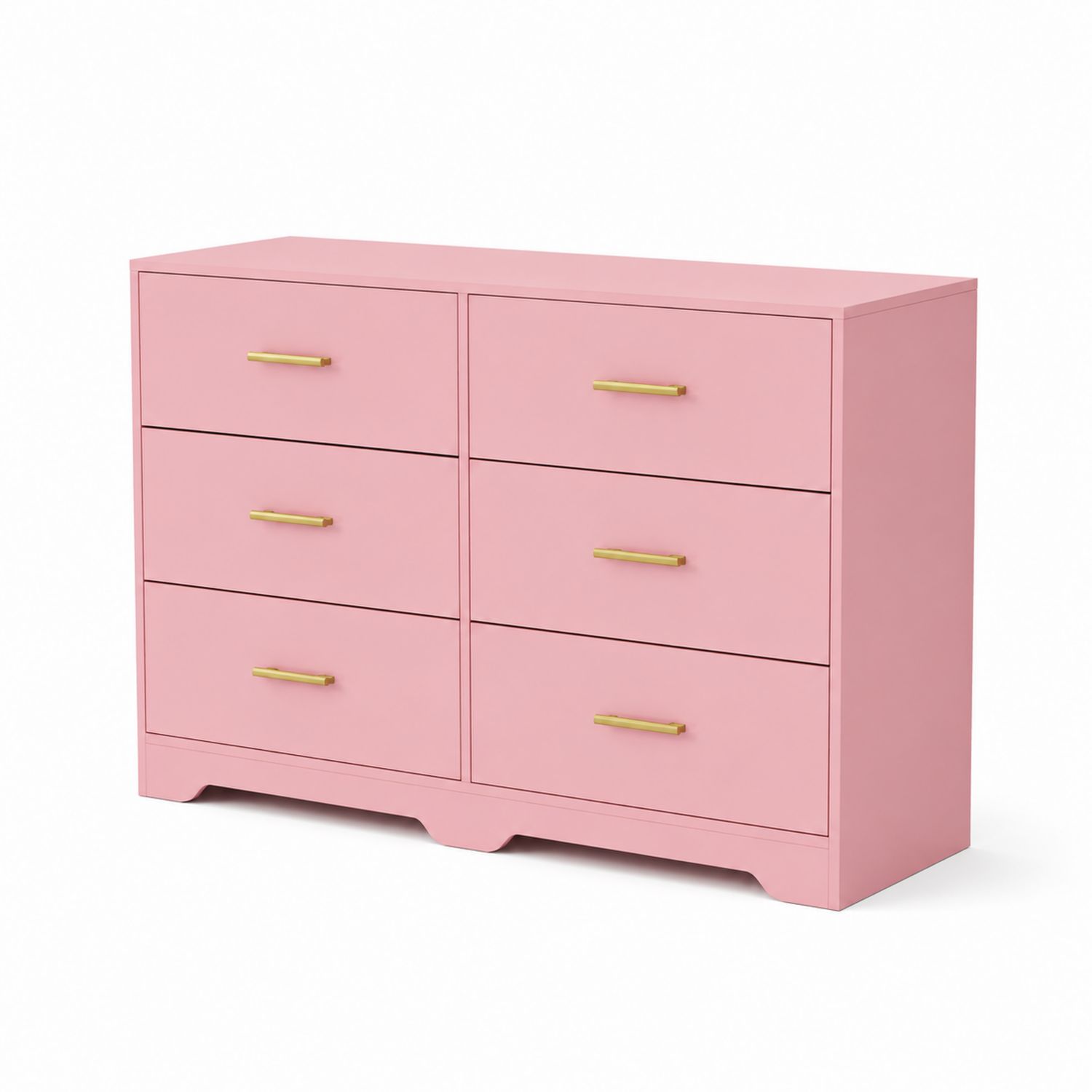 Cassettiera a 6 cassetti in legno MDF rosa con maniglie dorate
