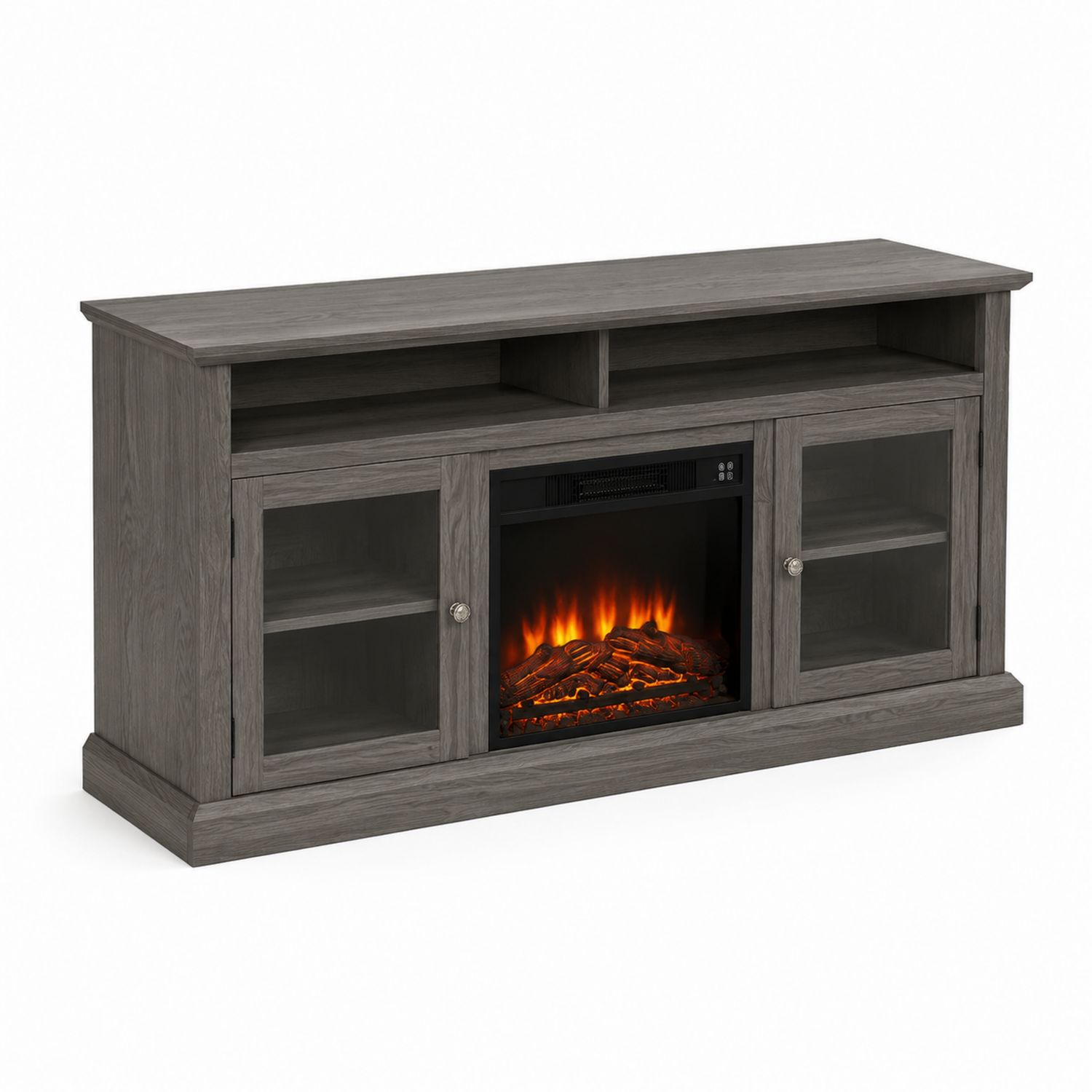 Mobili TV in Legno con Camino Elettrico Vetro Temperato Grigio