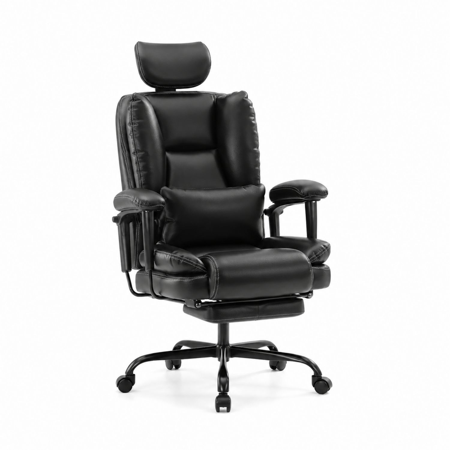 Sedia ergonomica in pelle sintetica nera con poggiatesta regolabile e poggiapiedi estraibile