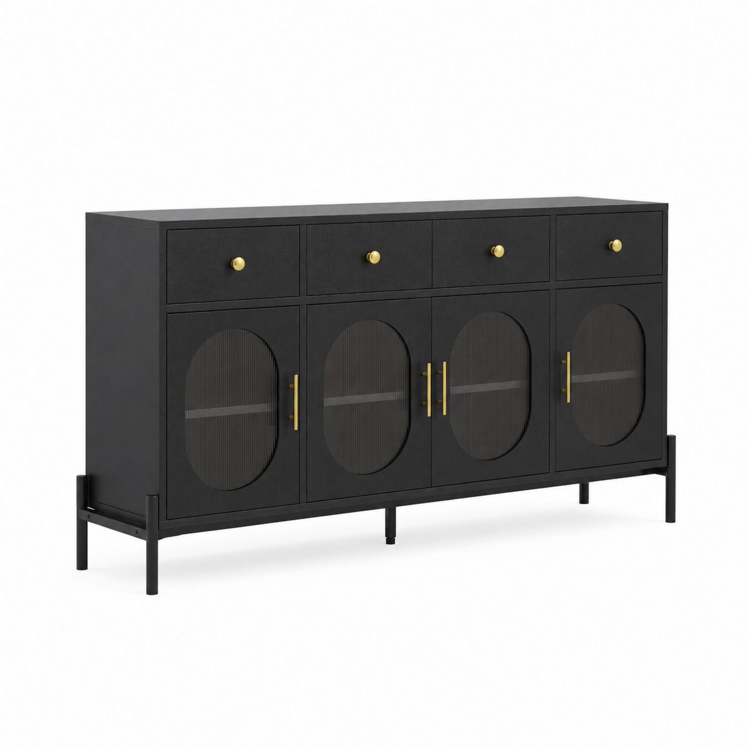 Credenza buffet rettangolare con porte in vetro e cassetti neri