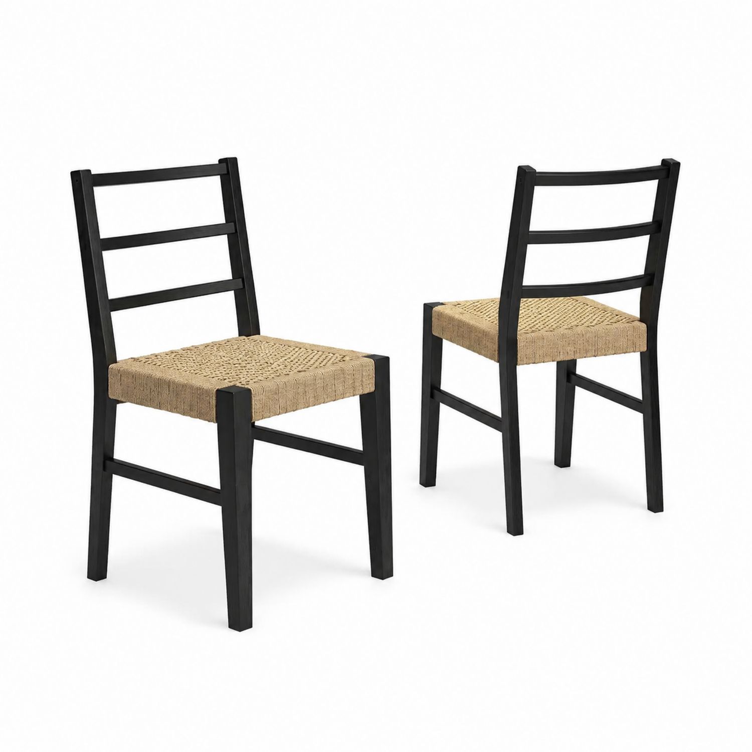 Set di 2 Sedie in Legno e Rattan, Nero/Naturale