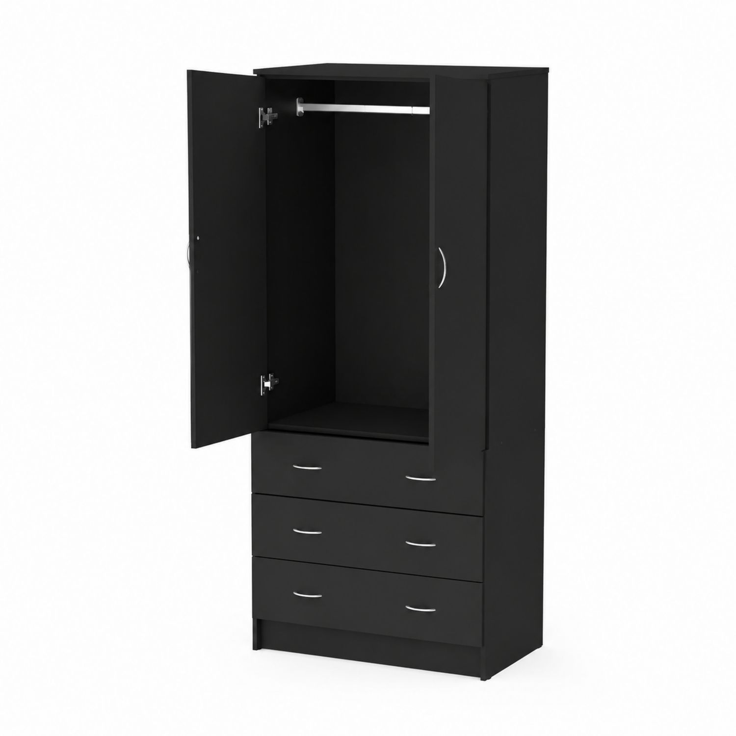 Armadio guardaroba nero in legno composito con ante e cassetti