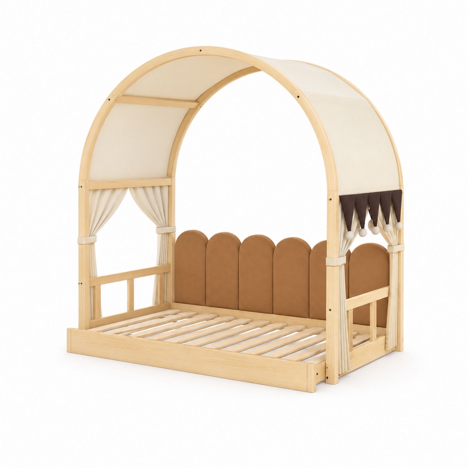 Letto per bambini a baldacchino in legno con tenda in cotone e testiera imbottita