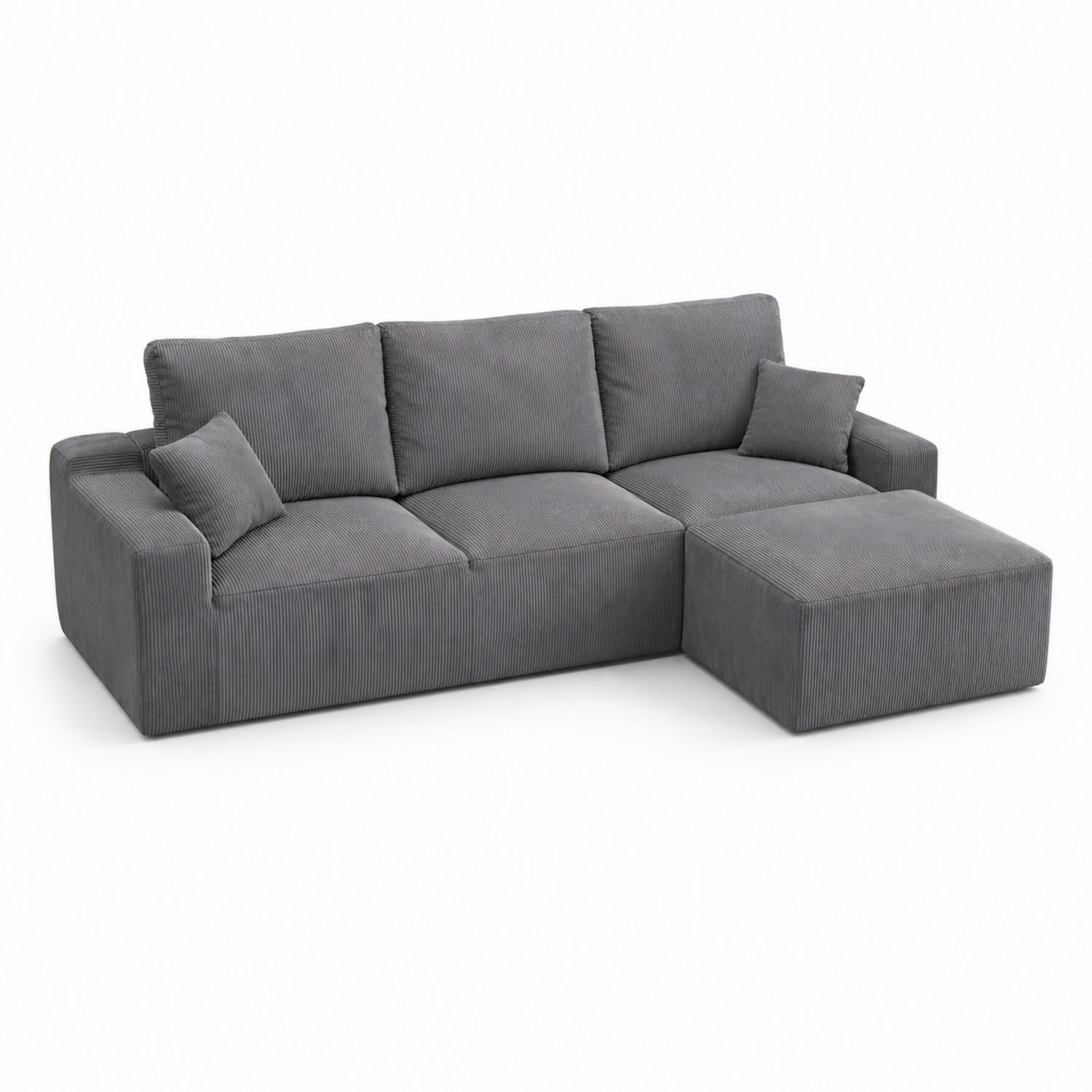 Divano angolare in velluto a coste grigio con pouf