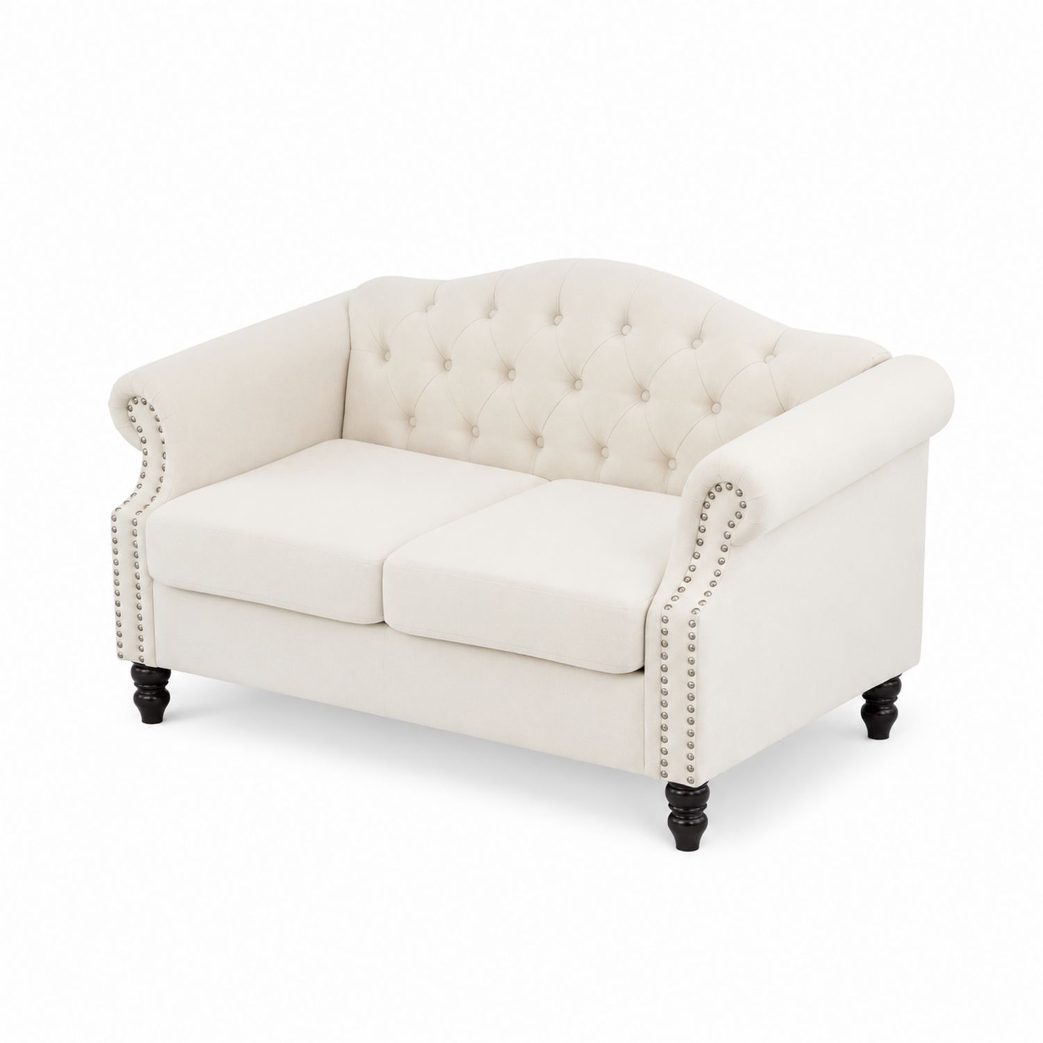 Divano a due posti in tessuto poliestere beige con gambe in legno