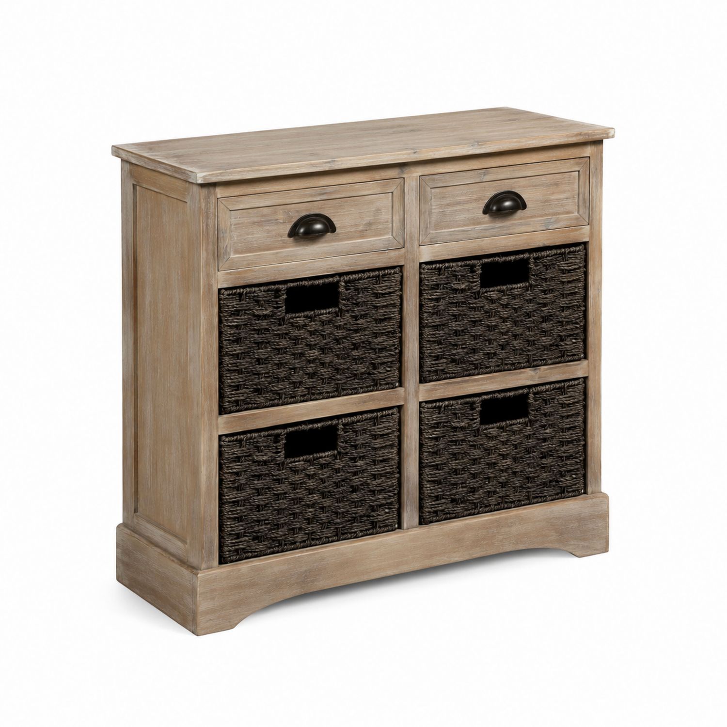 Cassettiera in legno con cesti in rattan