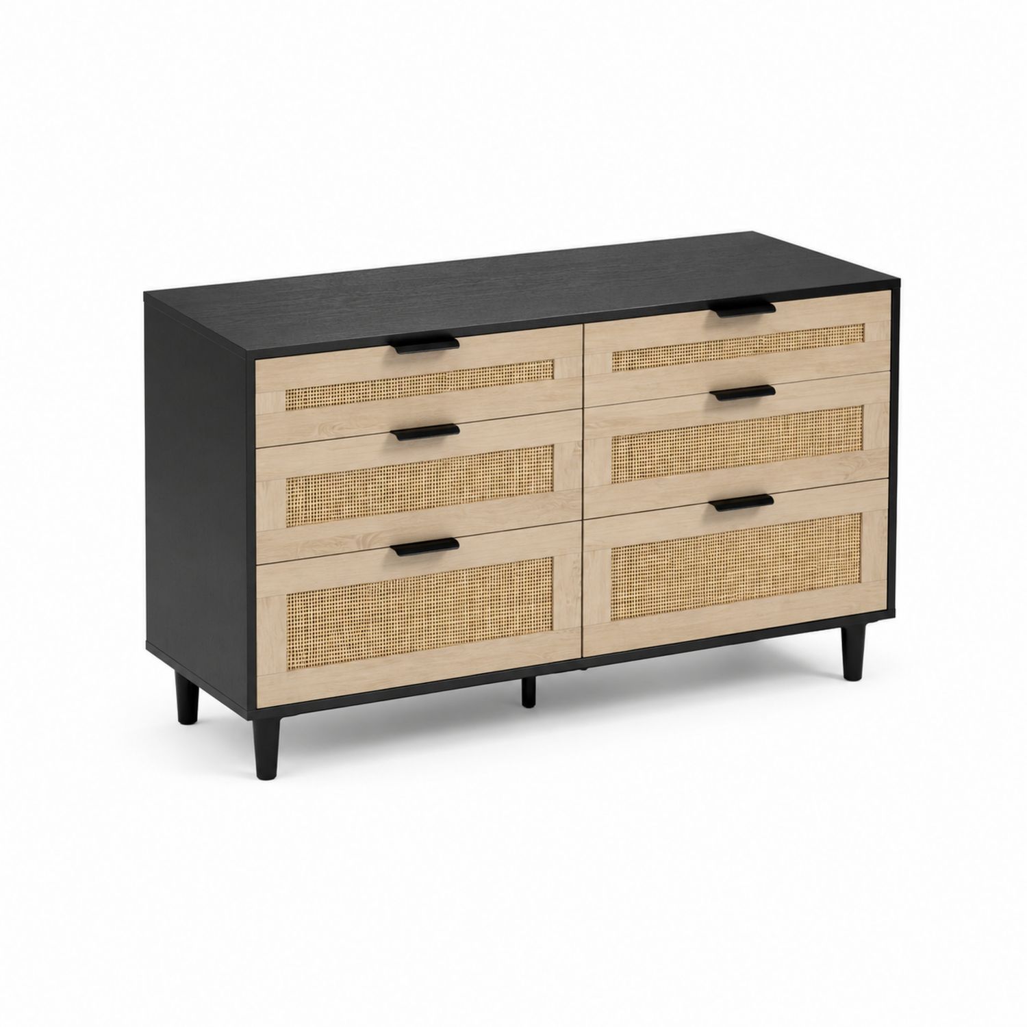 Cassettiera in Legno e Rattan con Sei Cassetti Nero e Naturale