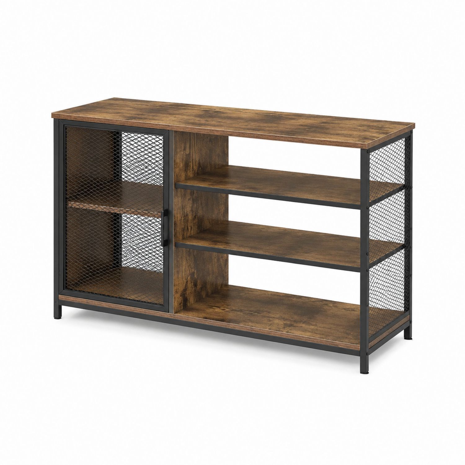 Credenza in legno e metallo con anta in rete e 3 ripiani