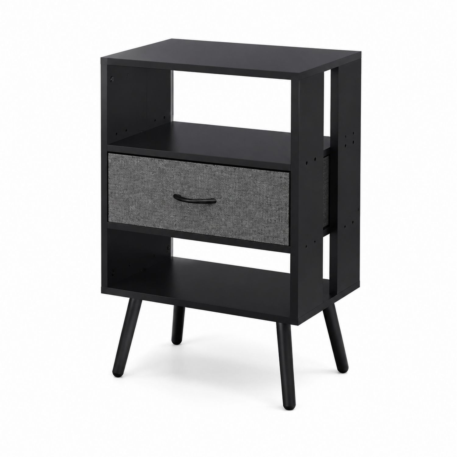 Comodino in Legno Composito con Cassetto in Tessuto Nero e Grigio