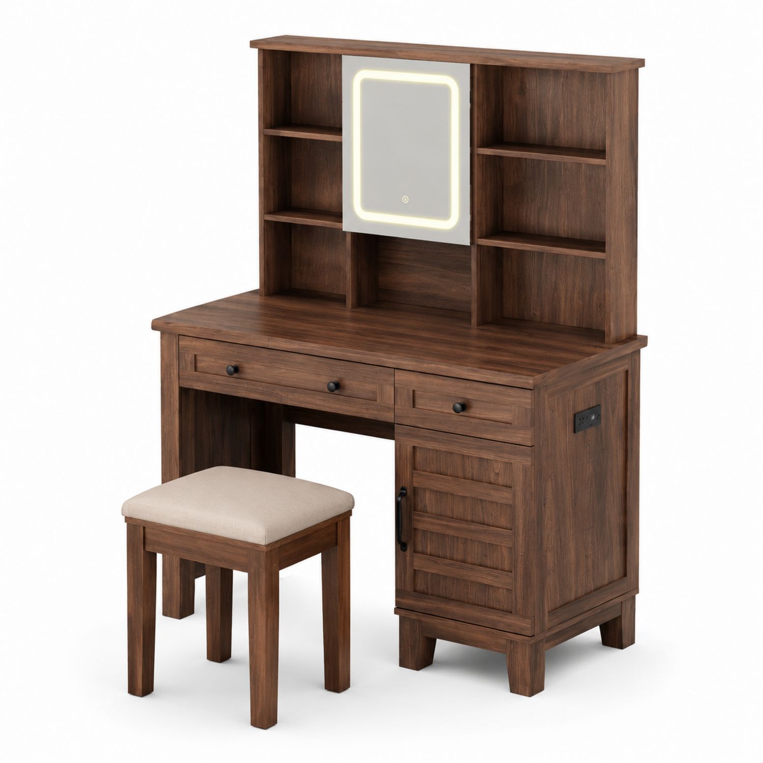 Toeletta in legno con sgabello e specchio illuminato
