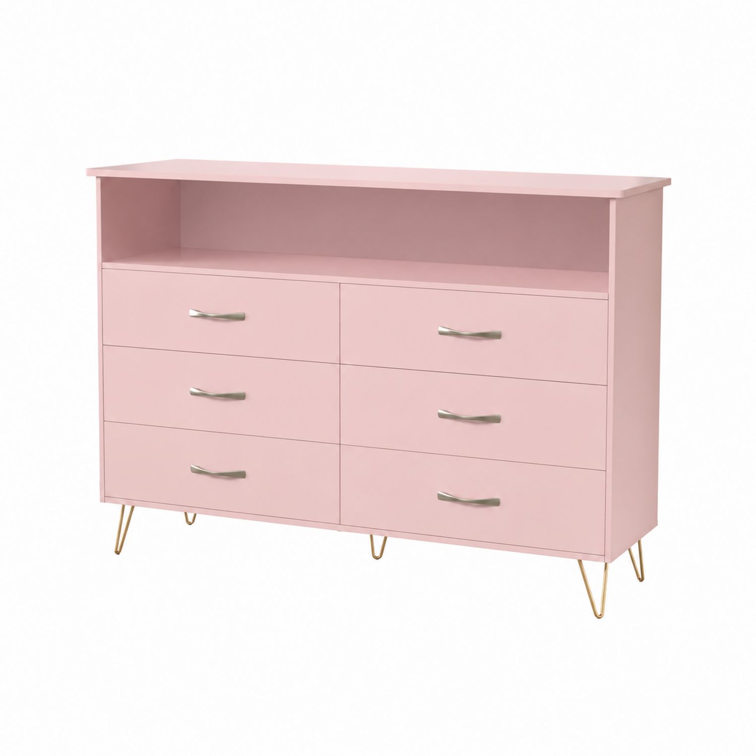 Cassettiera in Legno MDF Rosa con Gambe in Metallo