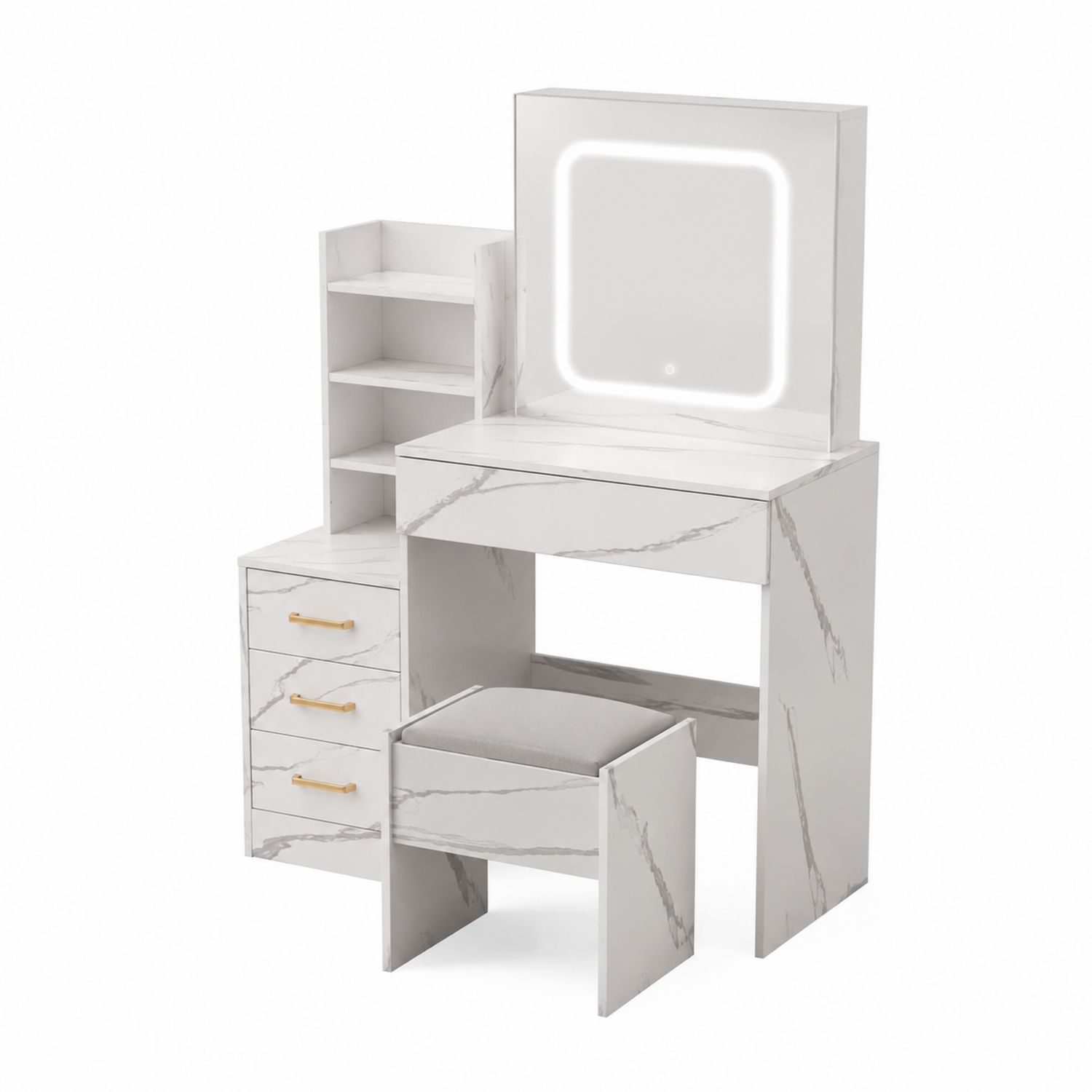 Toeletta Effetto Marmo con Specchio LED e Sgabello, Bianco