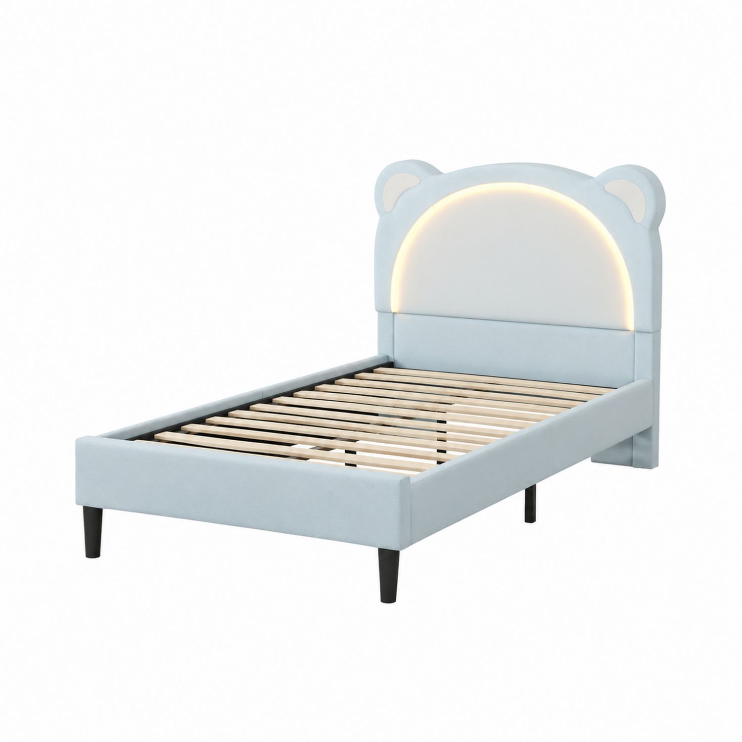 Letto singolo per bambini con testiera a tema orsetto e luce LED, struttura in legno e rivestimento in tessuto, 90x200 cm, Azzurro