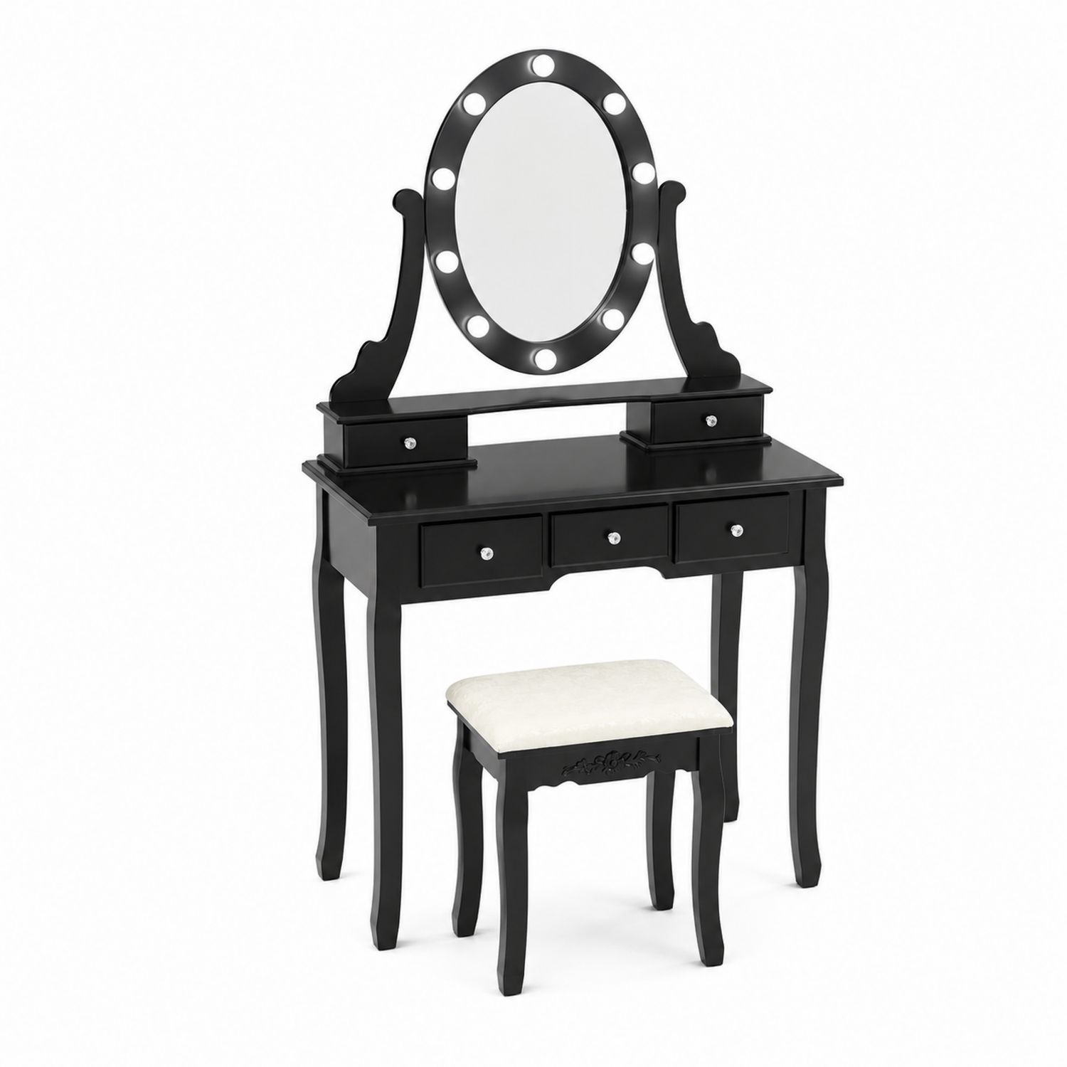 Tavolo da Toeletta in Legno con Specchio Ovale e LED, Nero
