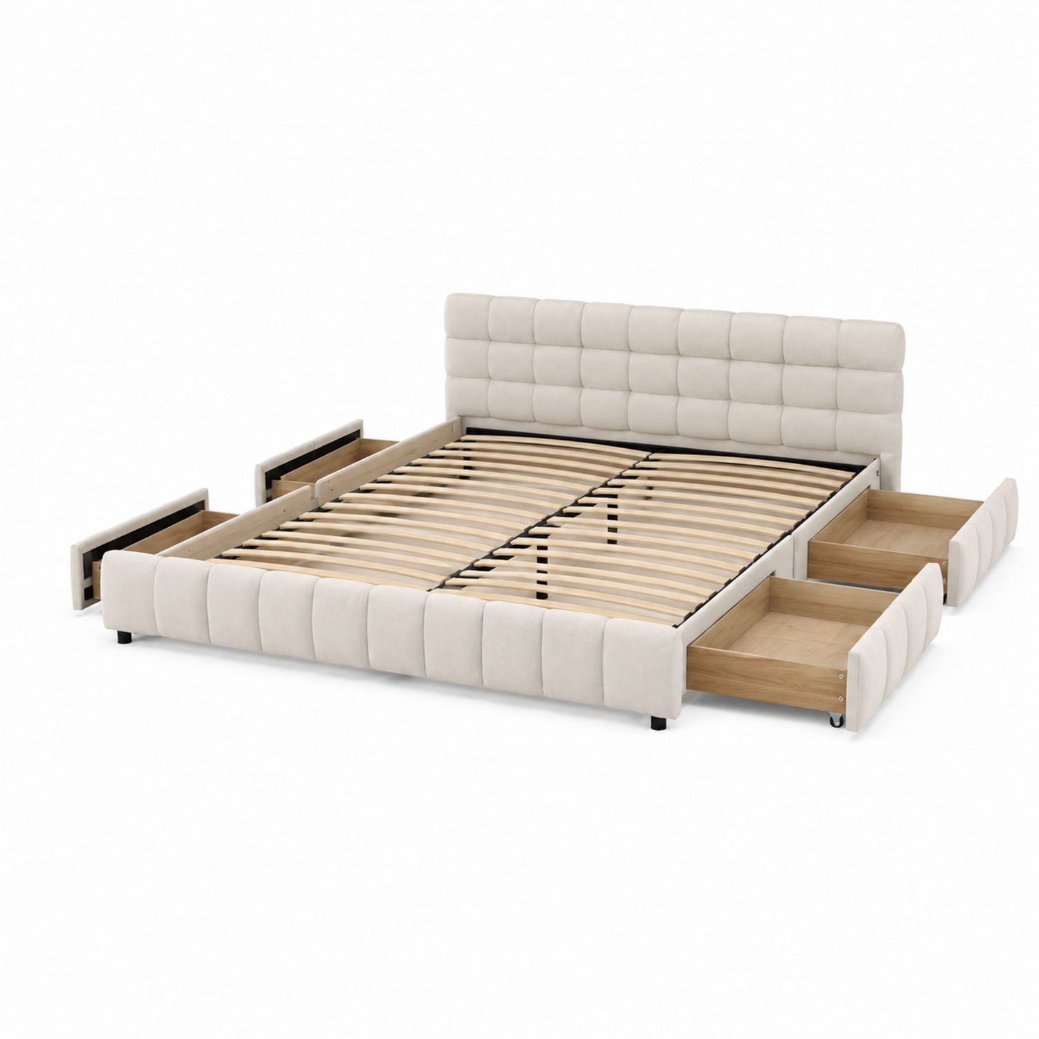 Letto matrimoniale con contenitore in tessuto beige con cassetti
