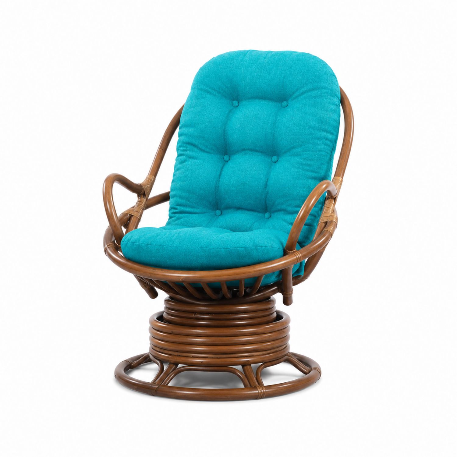 Sedia girevole in rattan con cuscino turchese