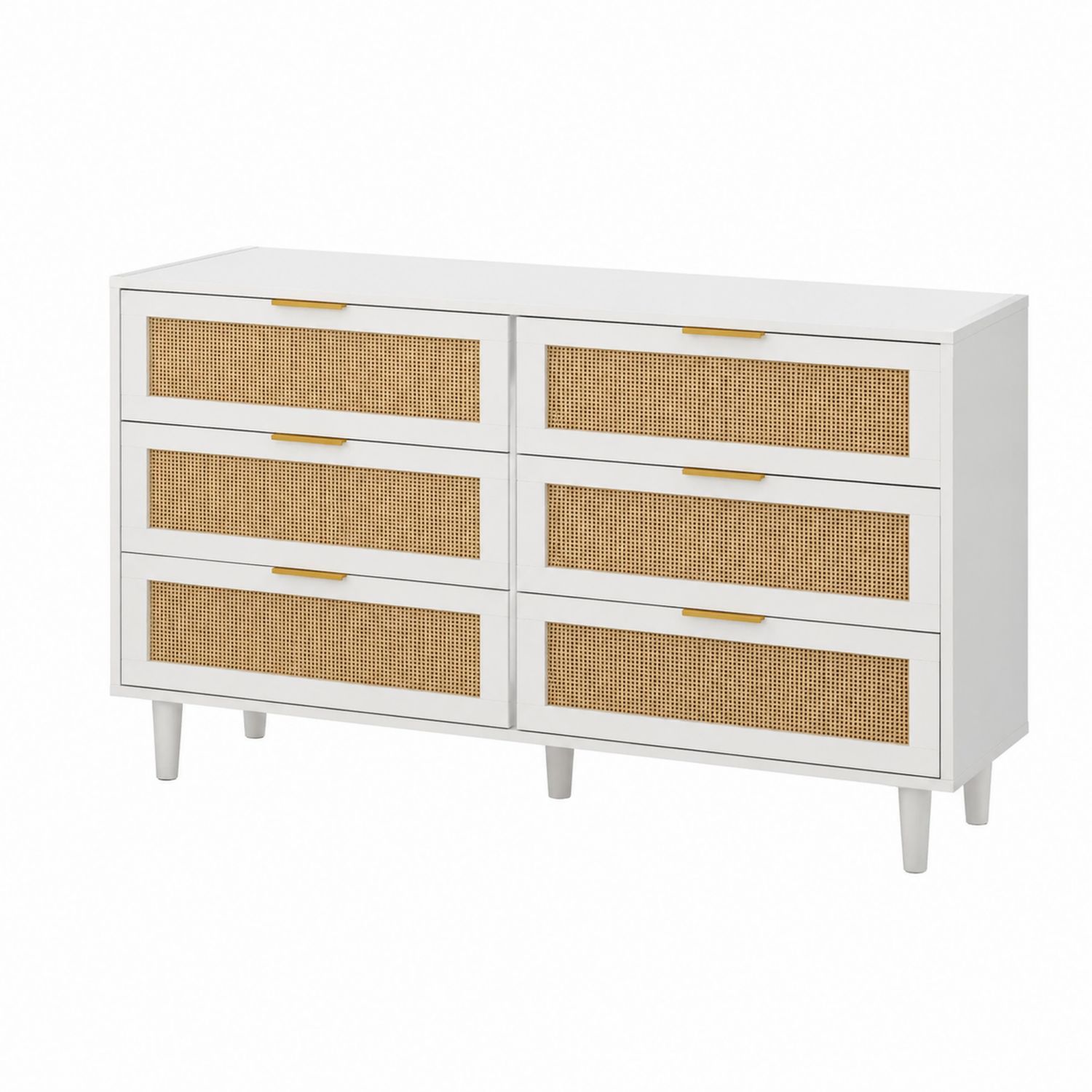 Cassettiera a 6 cassetti in legno e rattan bianco 120x40x80 cm