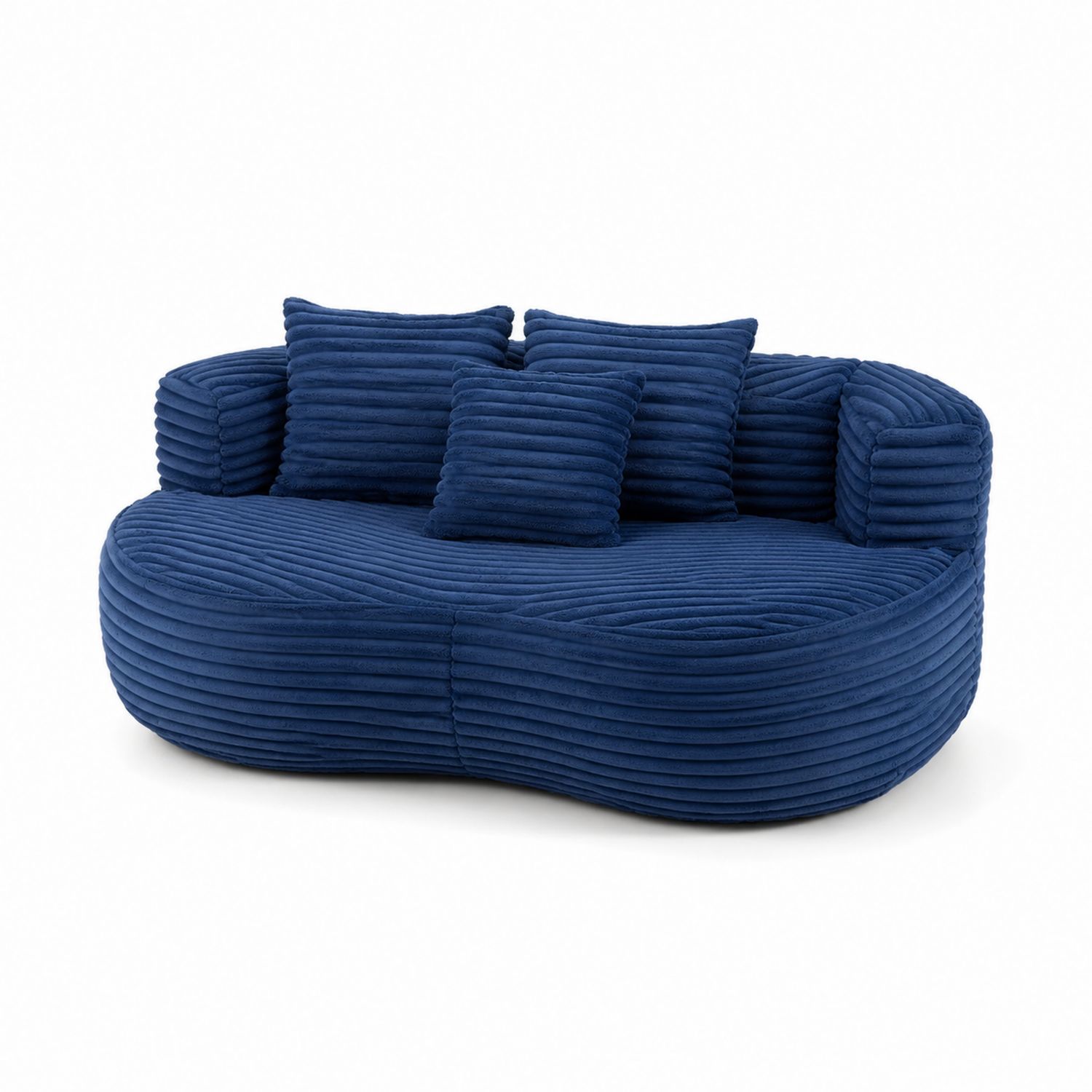 Divano curvo 3 posti in velluto blu con cuscini