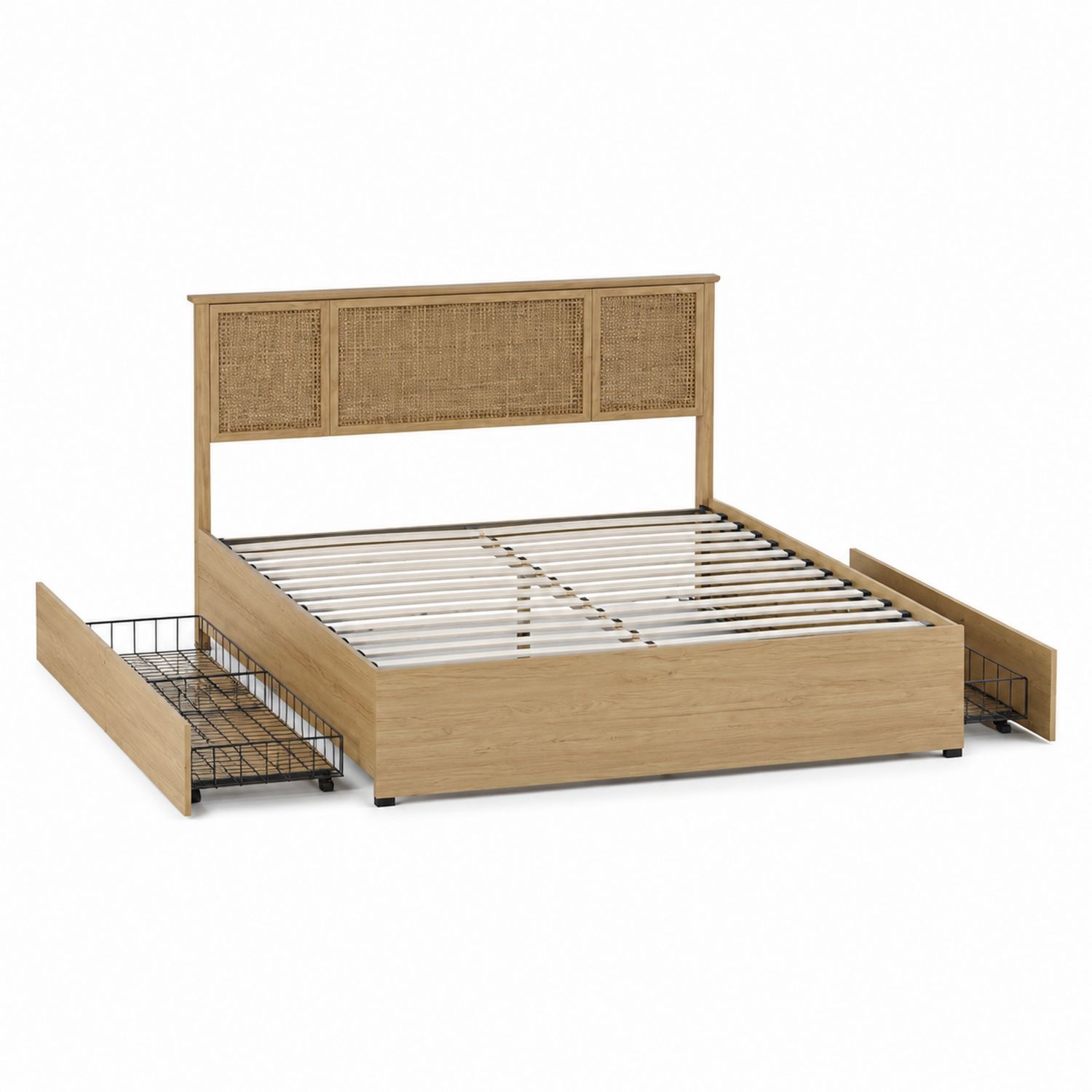 Letto matrimoniale con cassetti in legno e rattan 160x200 cm