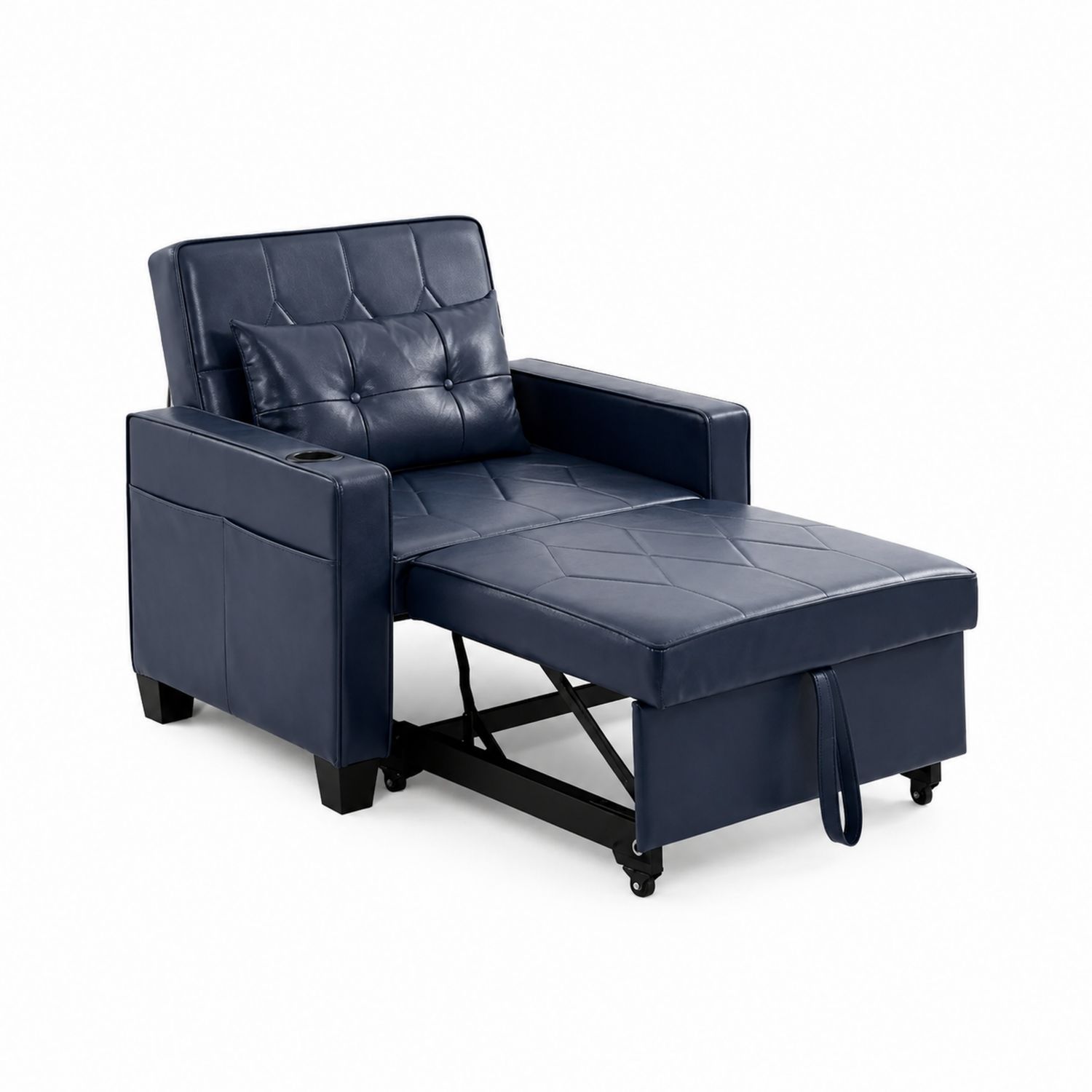Poltrona Letto Reclinabile in Ecopelle Blu con Portabicchiere e Ruote