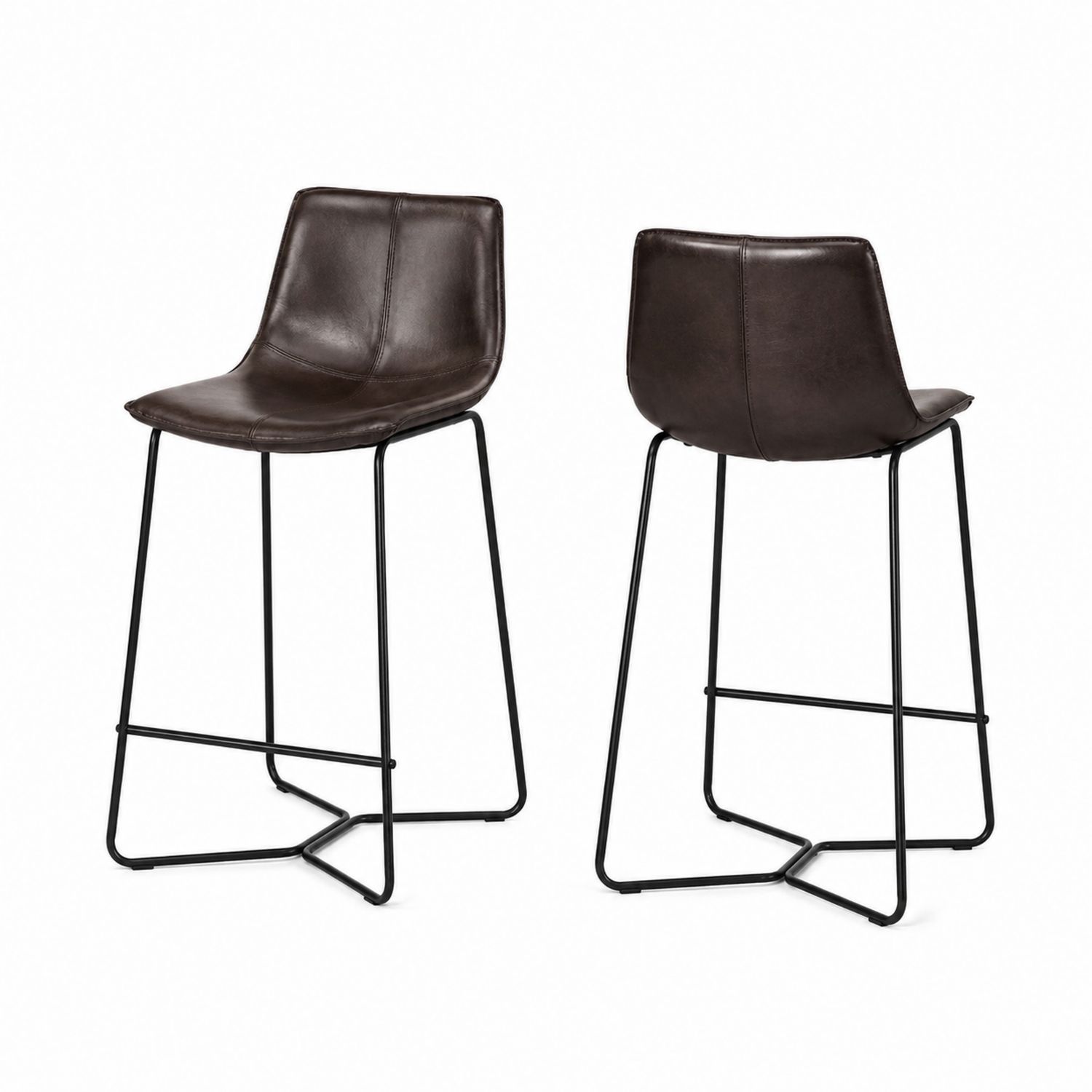 Set di 2 sgabelli da bar in pelle marrone e metallo nero, altezza 75 cm
